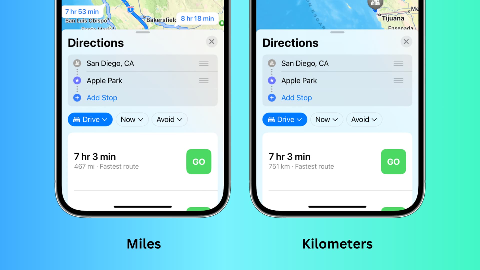 Two iPhone screenshots of the same journey, with one showing the distance in miles and the other in kilometers