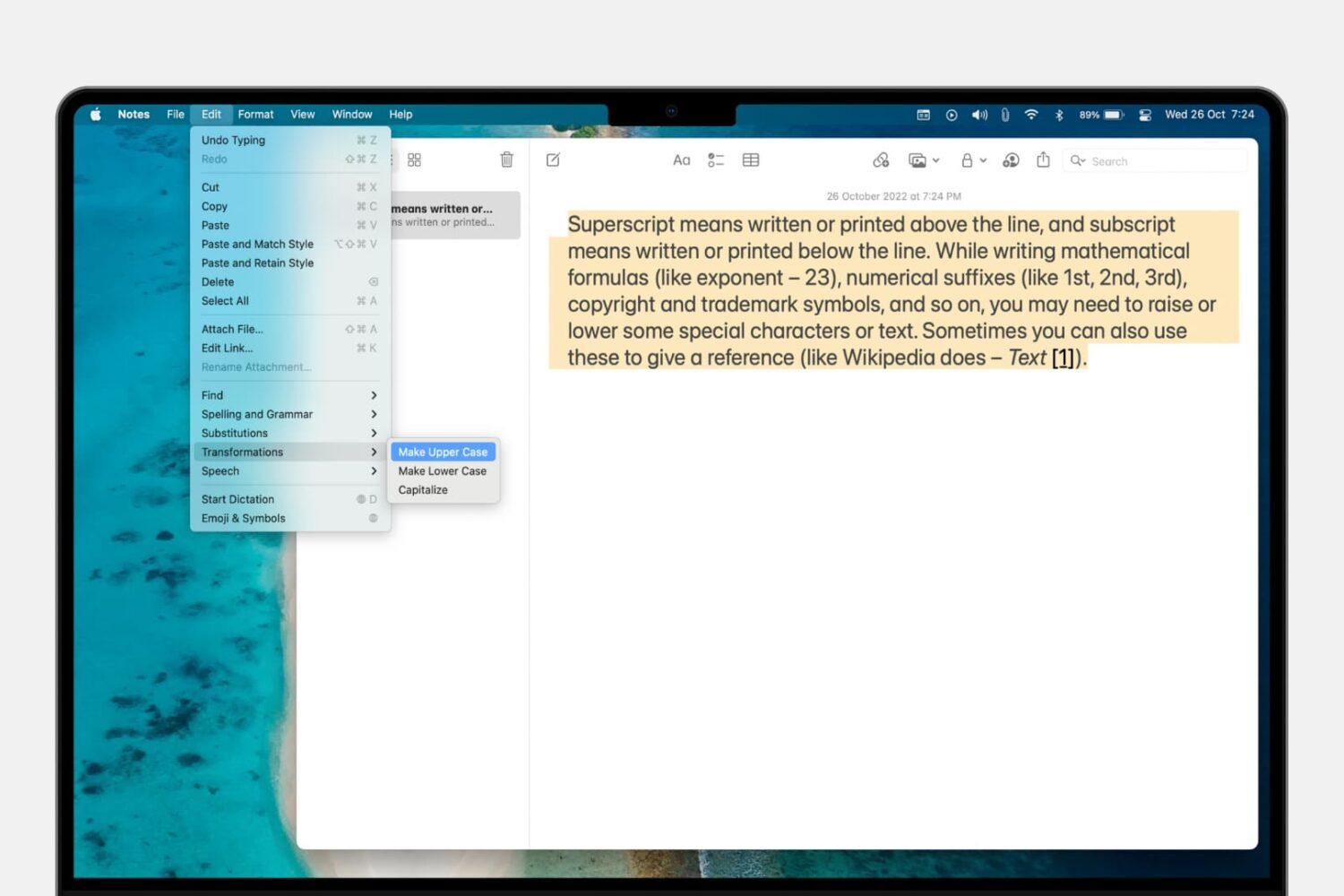 Text transformation to change to uppercase or lowercase on Mac