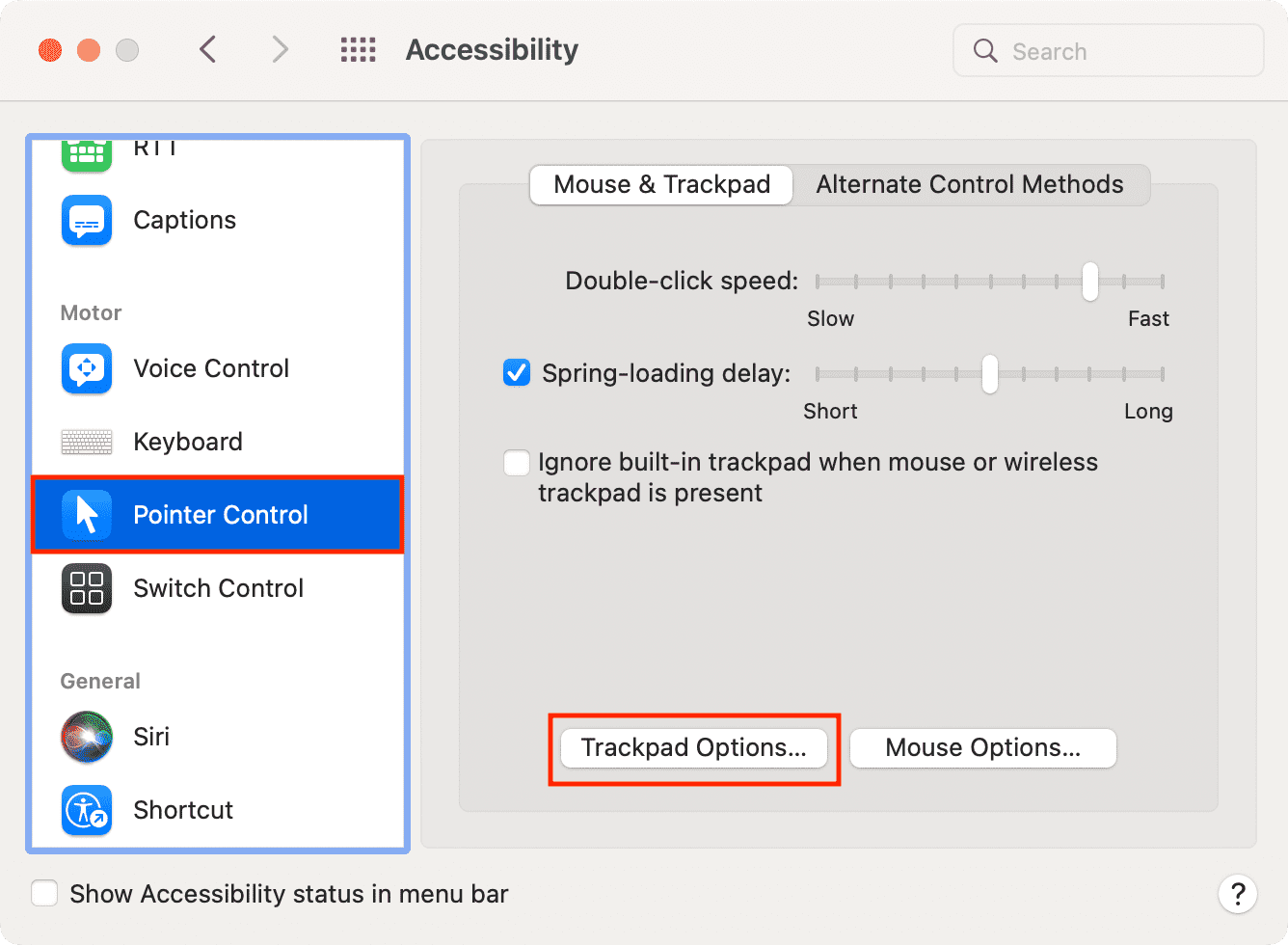 Trackpad Options in Mac Pointer Control settings