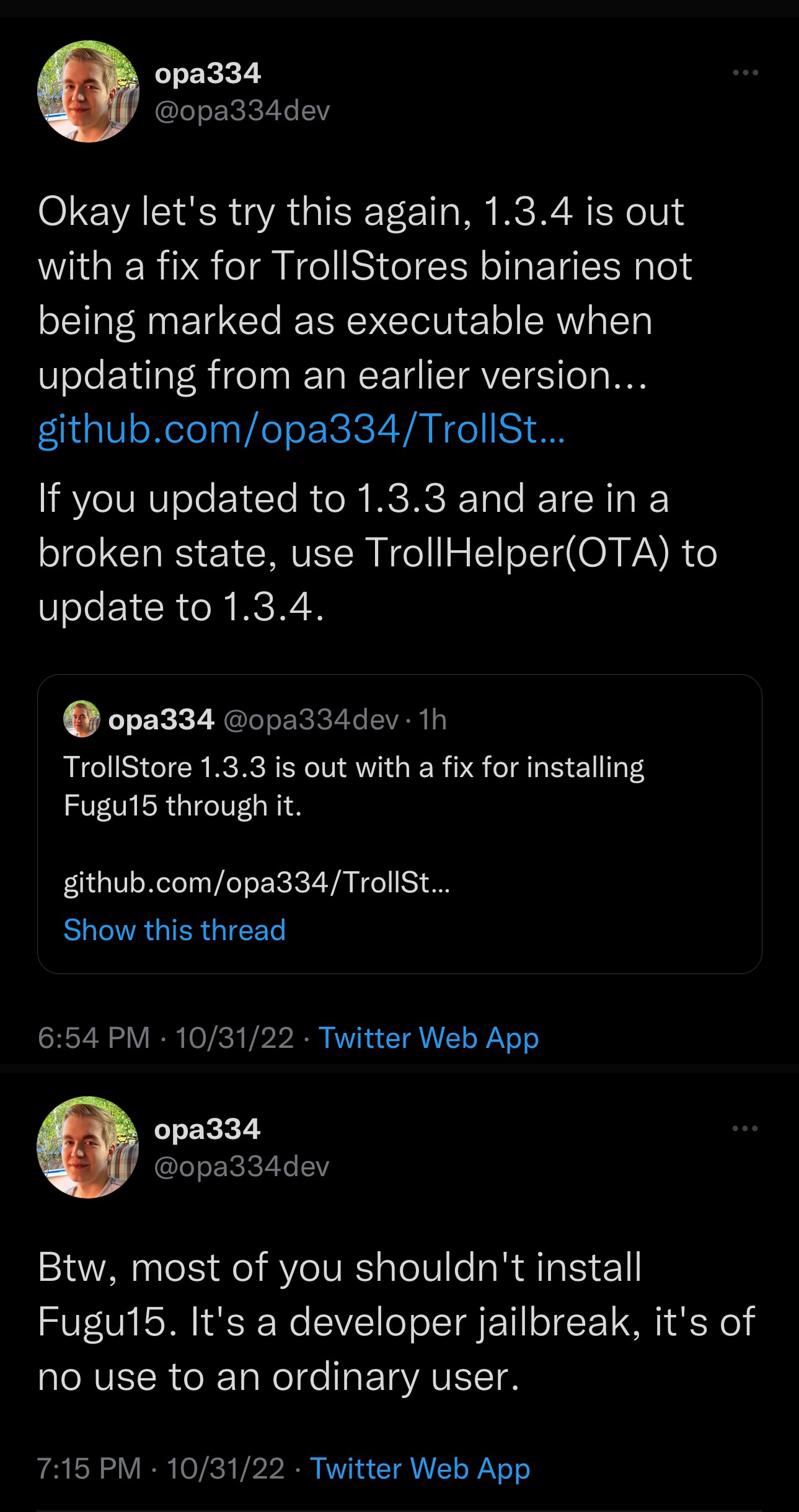 Developer opa334 announces the release of TrollStore version 1.3.4 on Twitter.