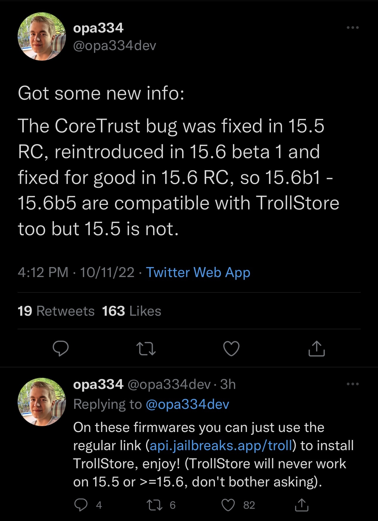 TrollStore CoreTrust bug may support iOS 15.6 beta.