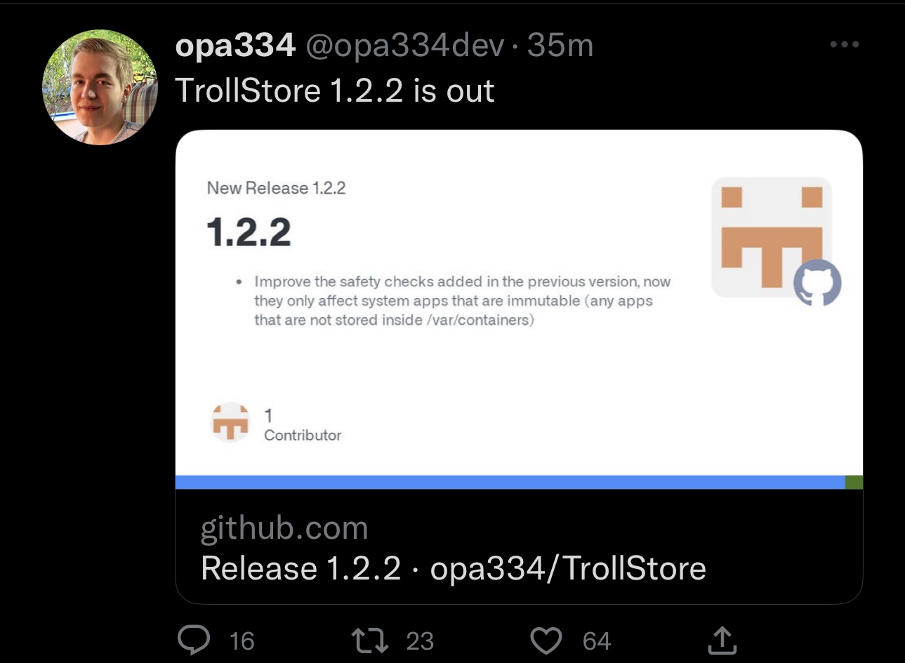 Opa334 announces the TrollStore v1.2.2 update.