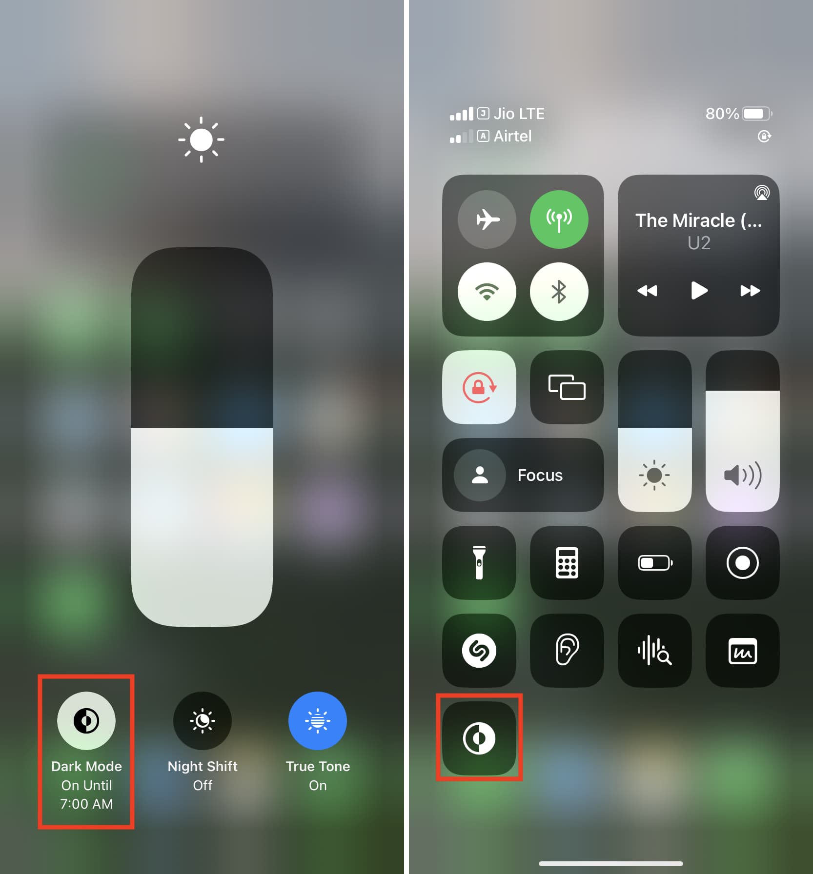 Two screenshots showing how to turn on and off Dark Mode quickly from the iPhone Control Center