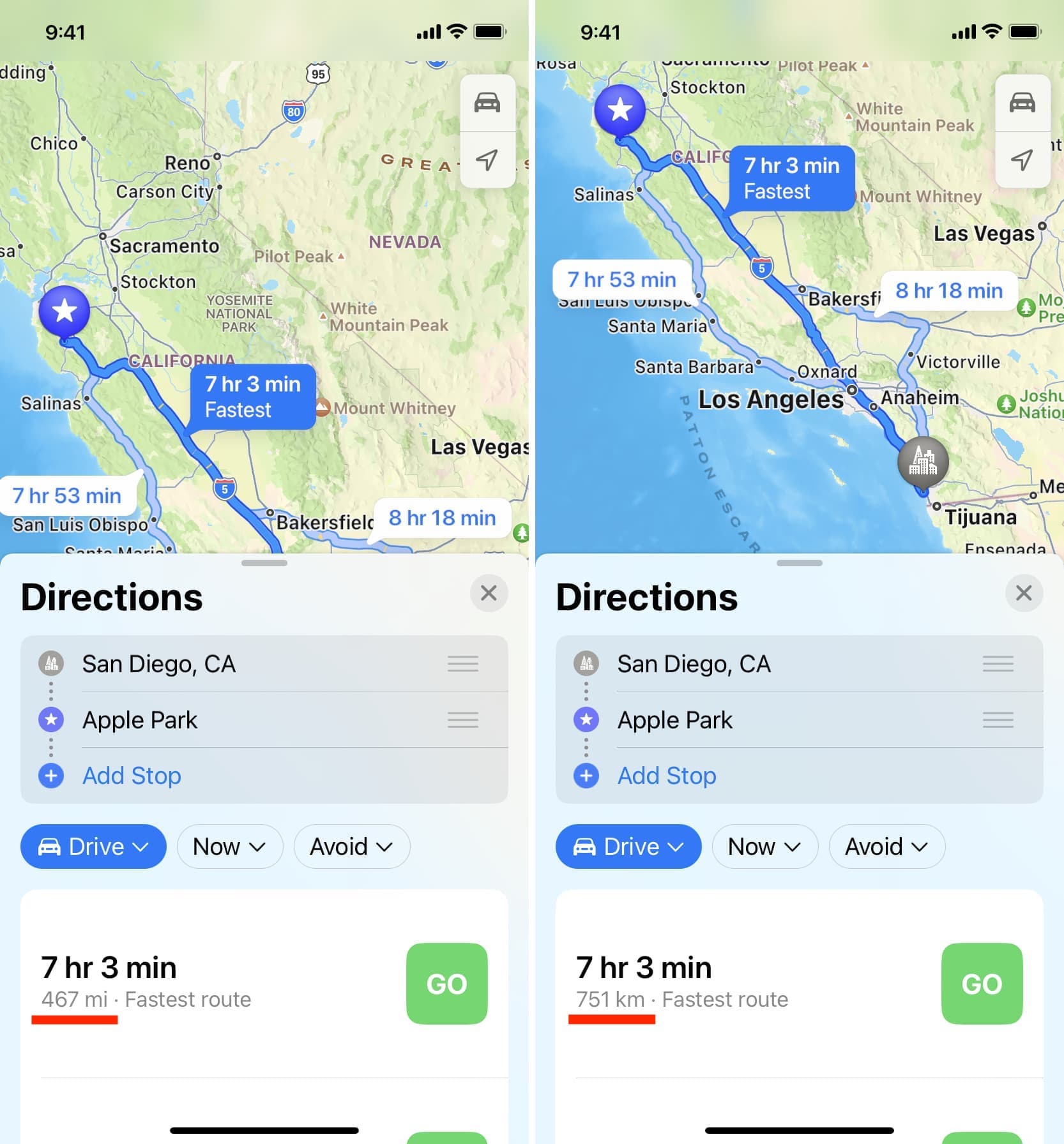 Two Apple Maps screenshots showing distance in miles and kilometers