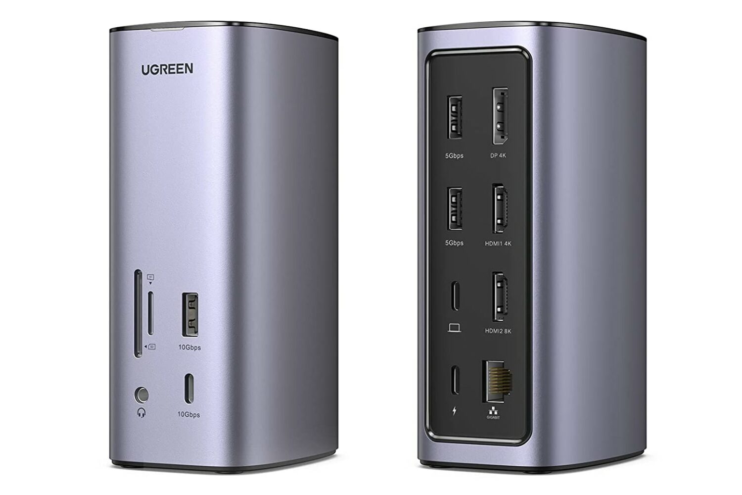 Two Ugreen Nexode docking stations, one showcasing the front ports and the other ones on the back