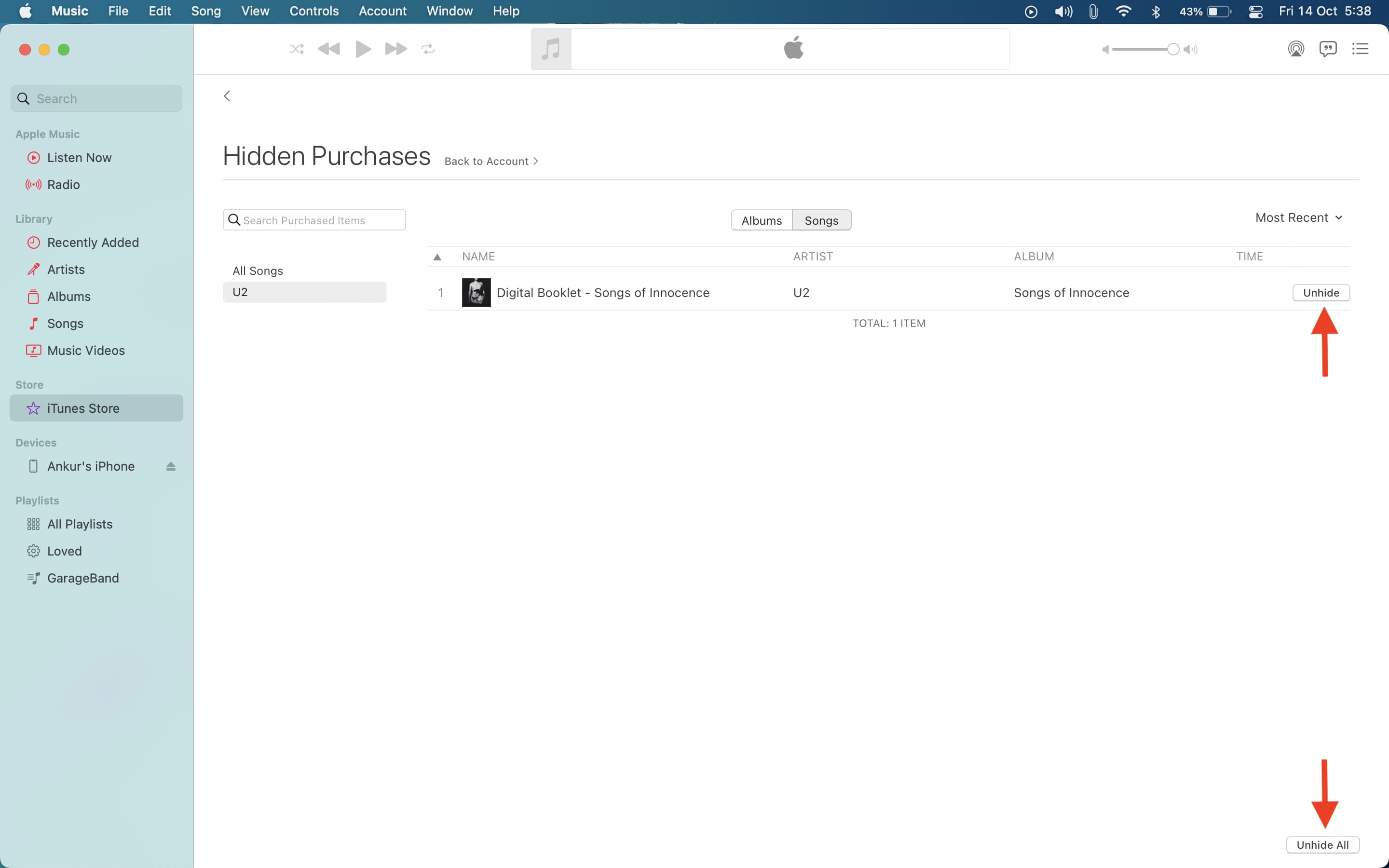 Unhide purchases in Music app on Mac