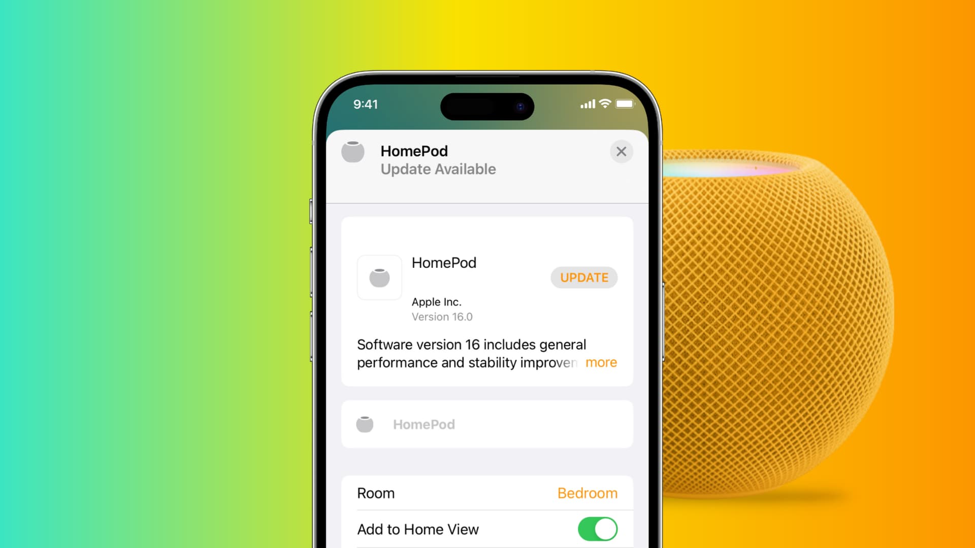 iPhone with HomePod software update screen showing a pending update. Plus, there is a yellow HomePod mini in the background