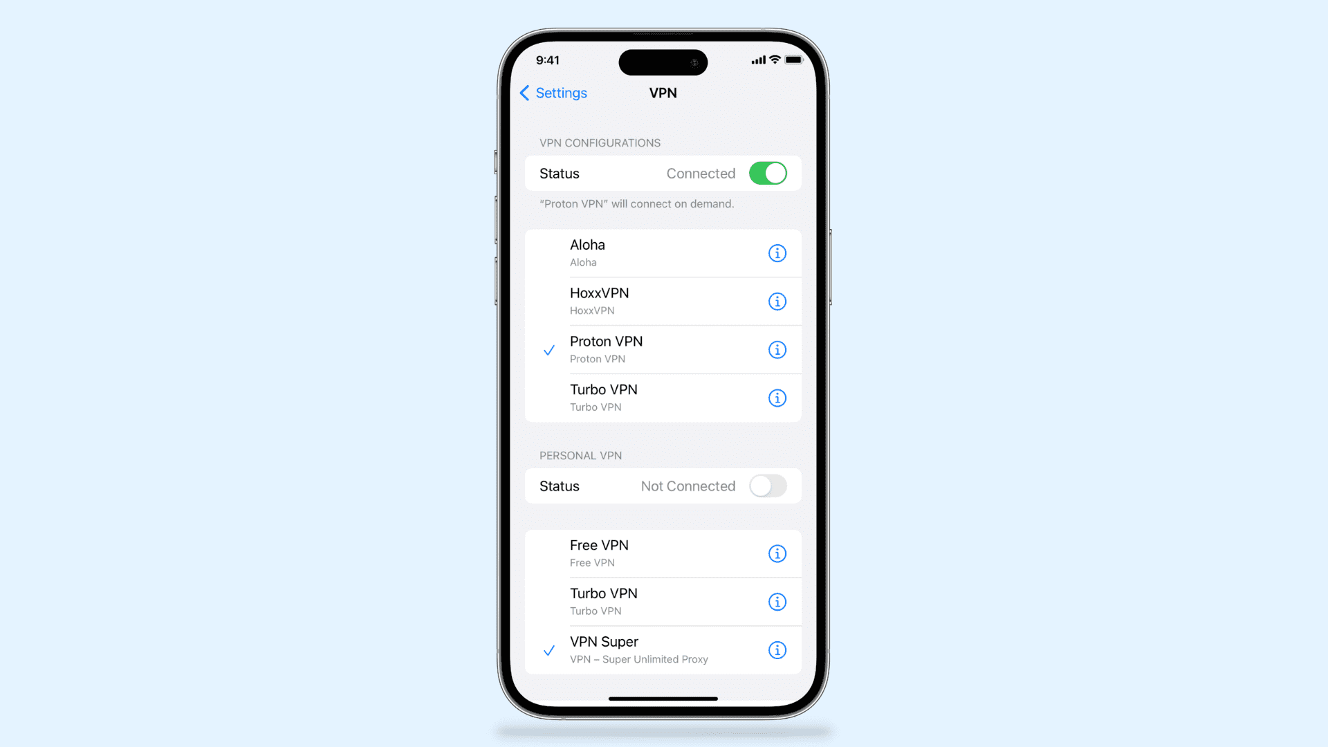 iPhone screen showing various VPN profiles