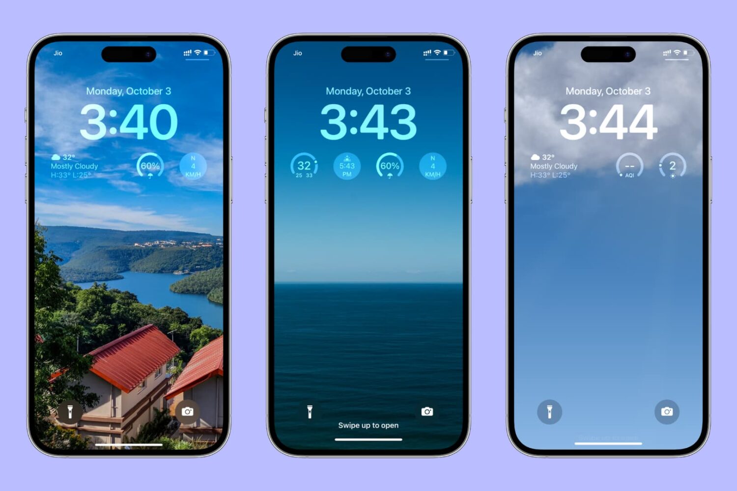 Three iPhone mockups showing weather conditions on the iPhone Lock Screen via weather widgets and smart weather wallpaper
