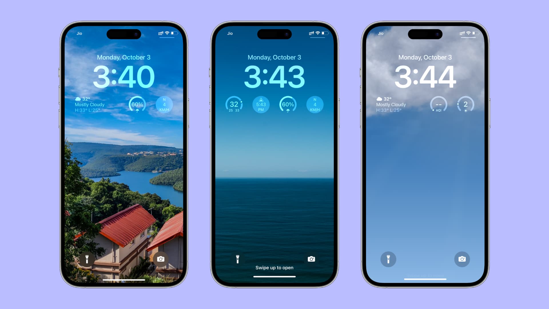 Three iPhone mockups showing weather conditions on the iPhone Lock Screen via weather widgets and smart weather wallpaper