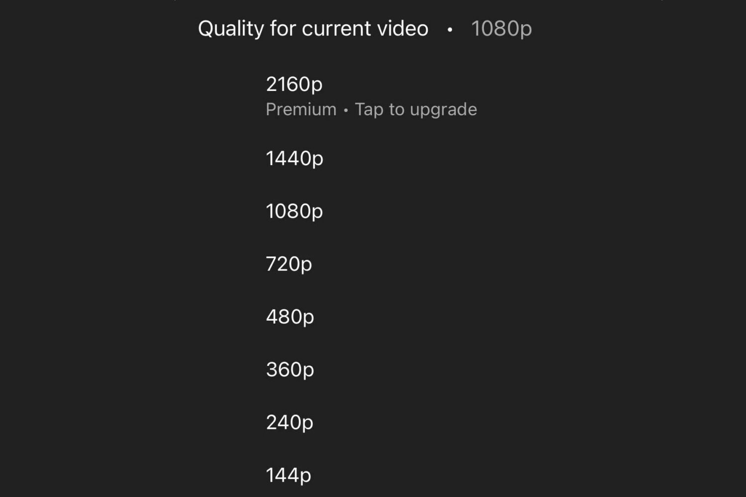 YouTube resolution picker showing a message to upgrade to YouTube Premium to watch in 4K resolution