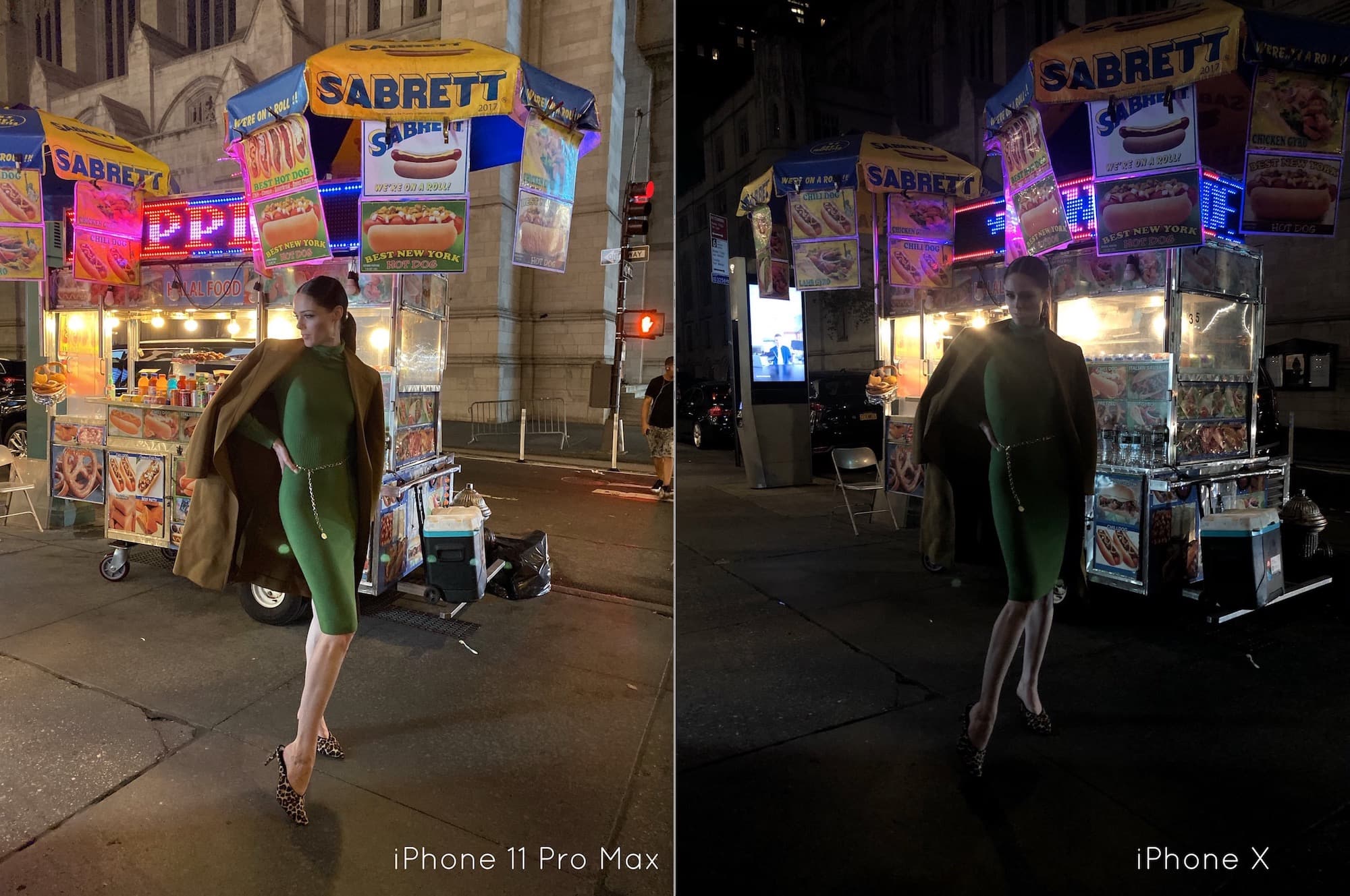 Two low-light environment images places side by side, with one taken using Night mode on iPhone 11 Pro and the other taken in standard mode on iPhone X