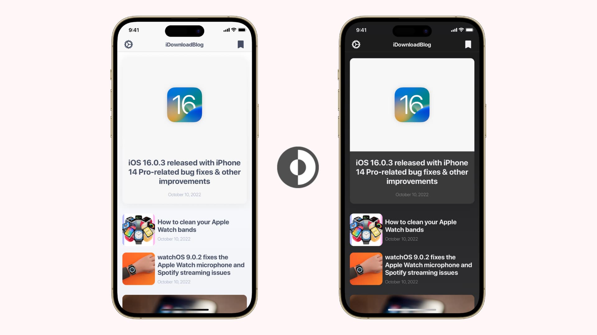 Two iPhone mockups, with one showing an app in Light Mode and the other mockup showing the same app in Dark Mode. There is also the small official Apple Dark Mode icon in the center of the image.