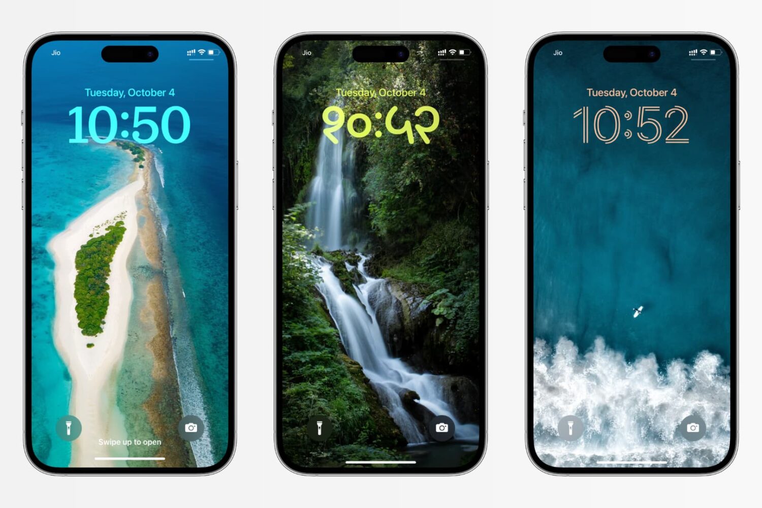 Three iPhone mockups showing iOS 16 Lock Screen with different clock styles