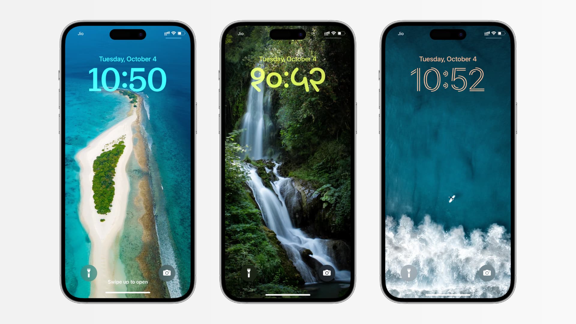 Three iPhone mockups showing iOS 16 Lock Screen with different clock styles