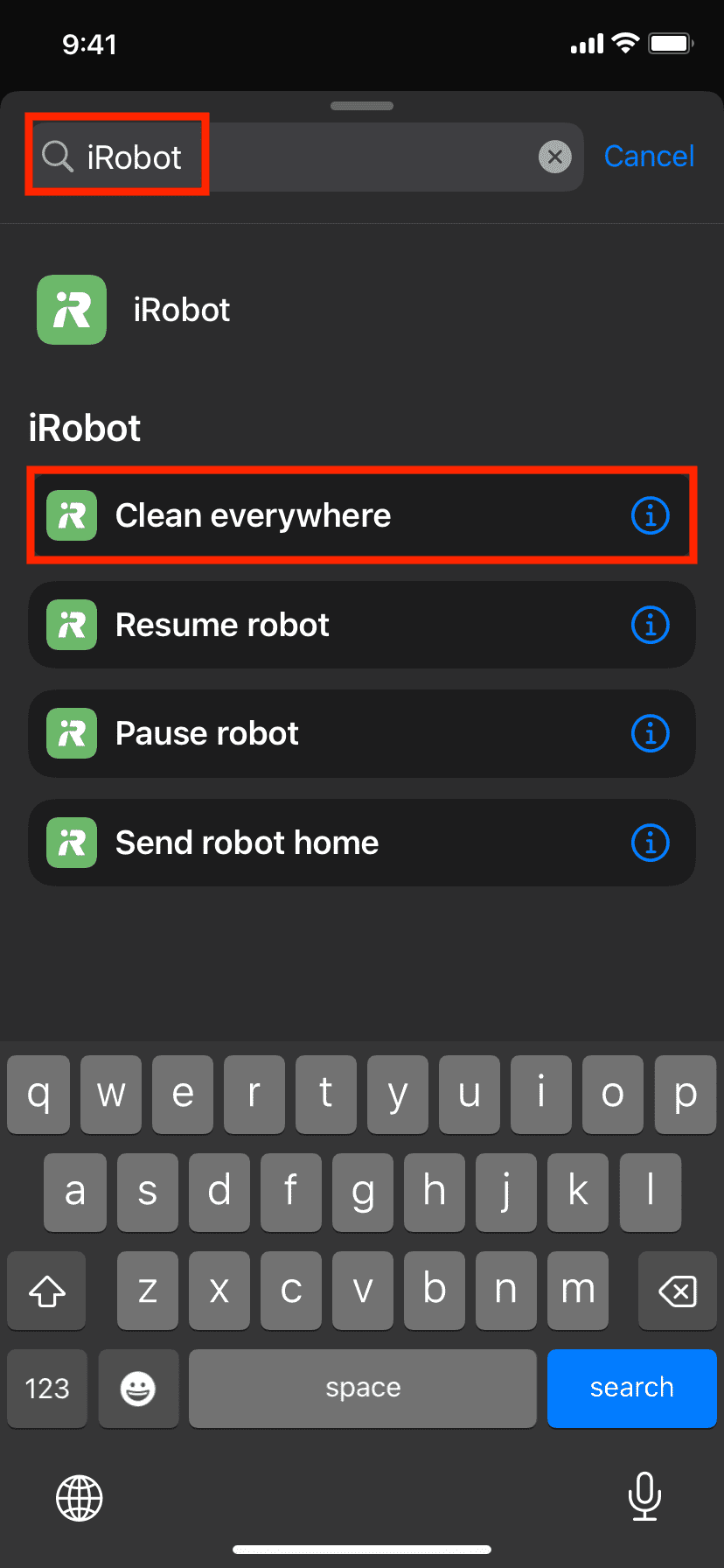 iRobot shortcut actions