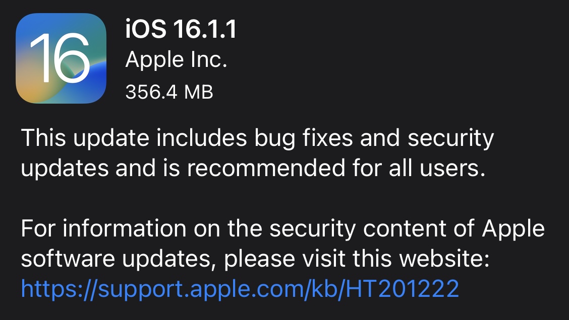 iOS 16.1.1 released with bug fixes and security updates