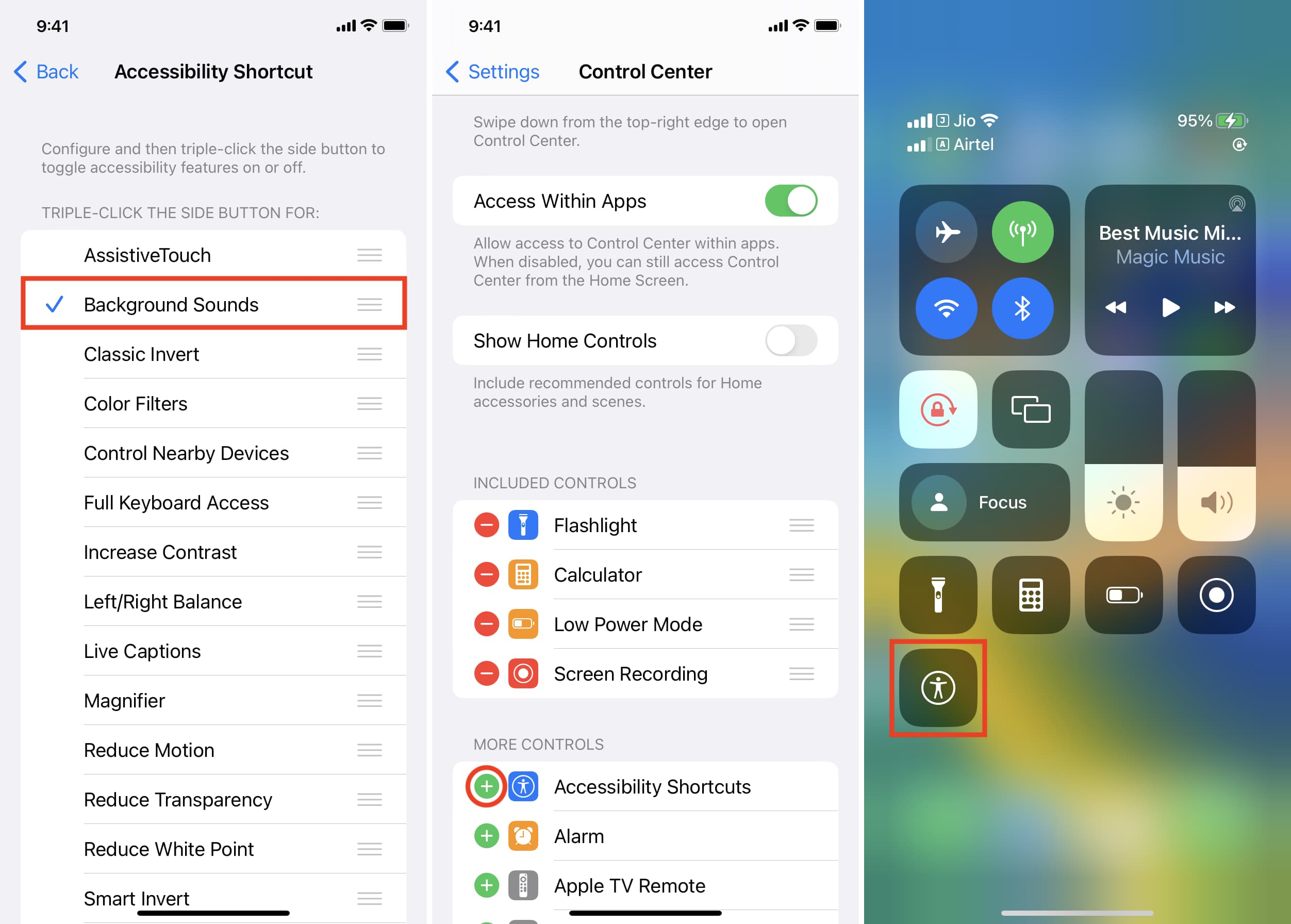 Accessibility Shortcut to quickly play and stop background sounds on iPhone