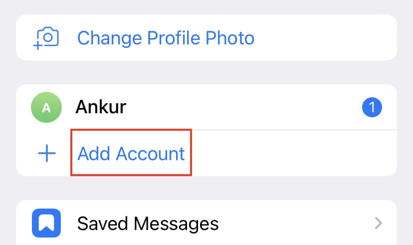 Add Account button inside the Telegram app