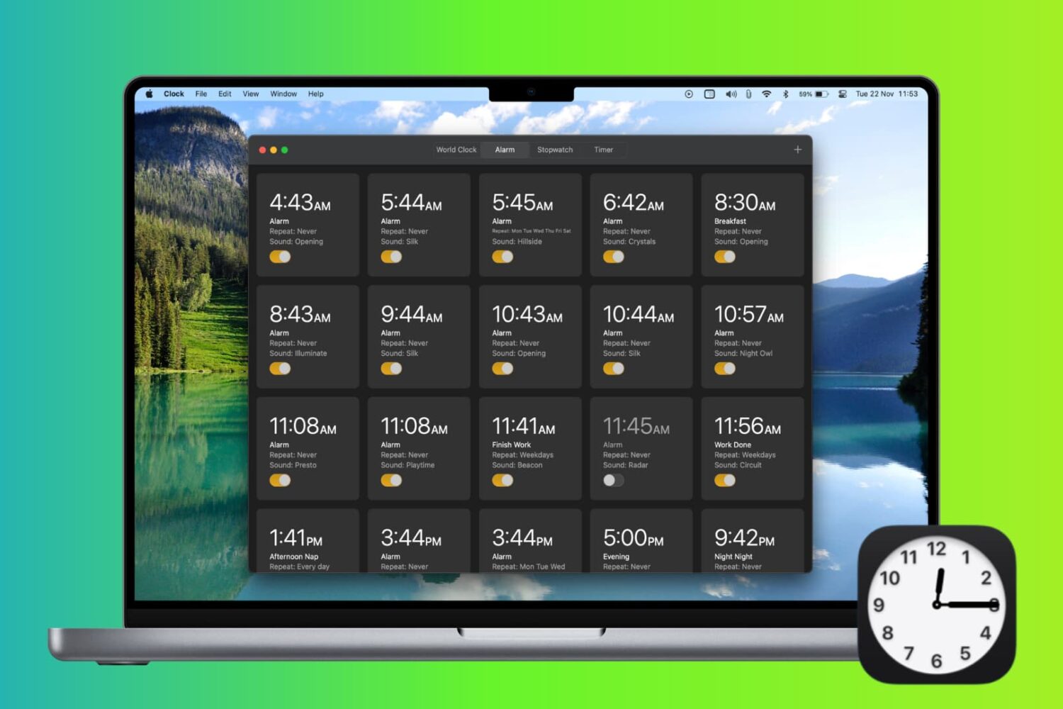 MacBook showing the Alarm tab of the Clock app on macOS Ventura