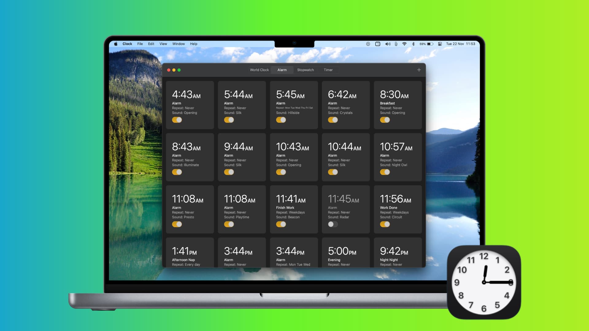 MacBook showing the Alarm tab of the Clock app on macOS Ventura
