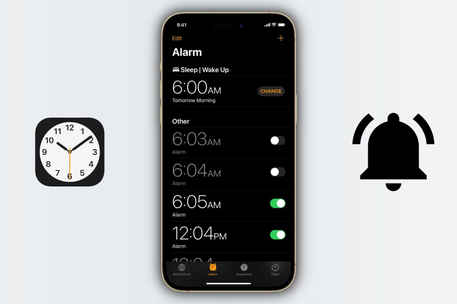 iPhone Clock app showing several alarms