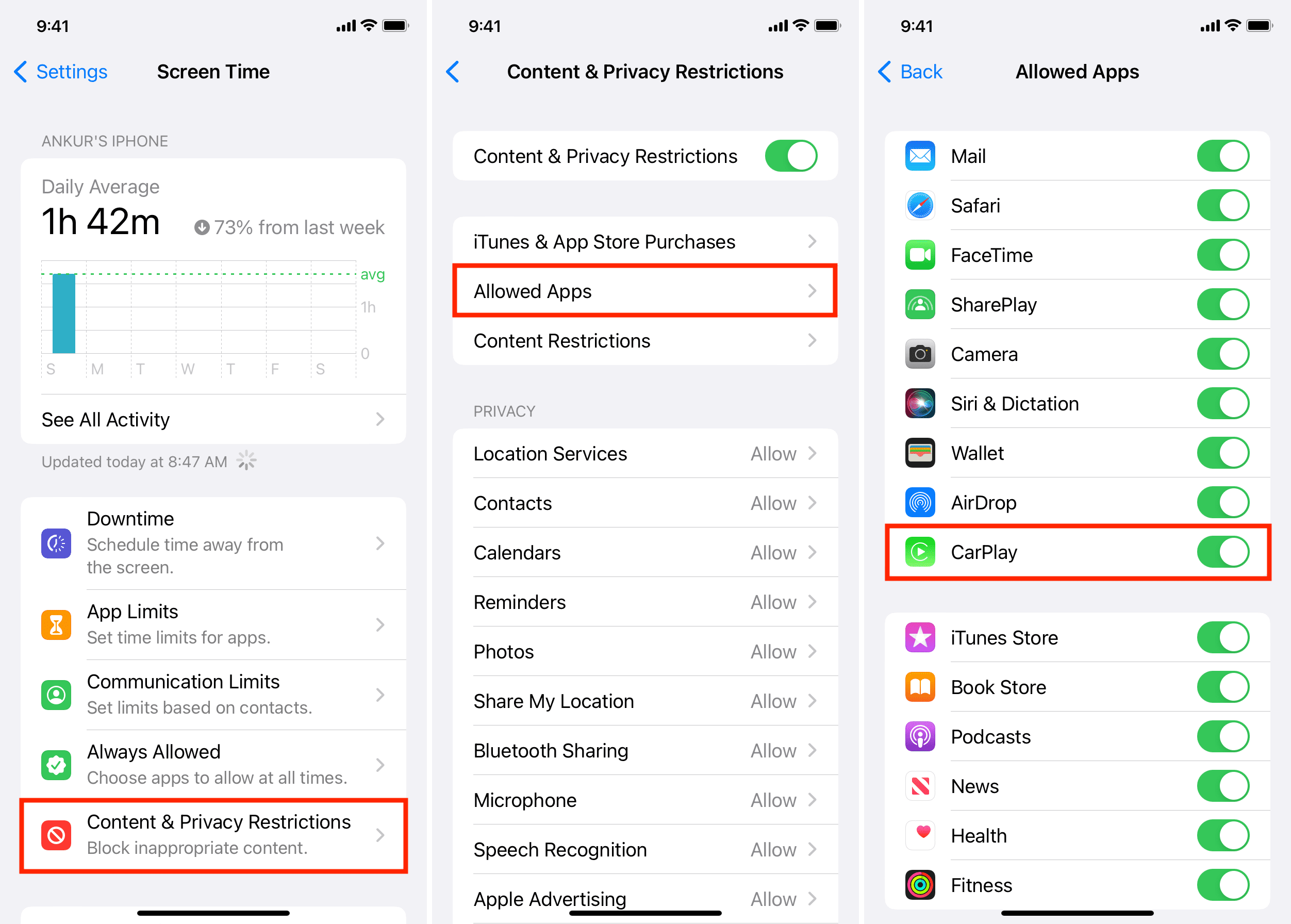 Allow CarPlay from iPhone Screen Time