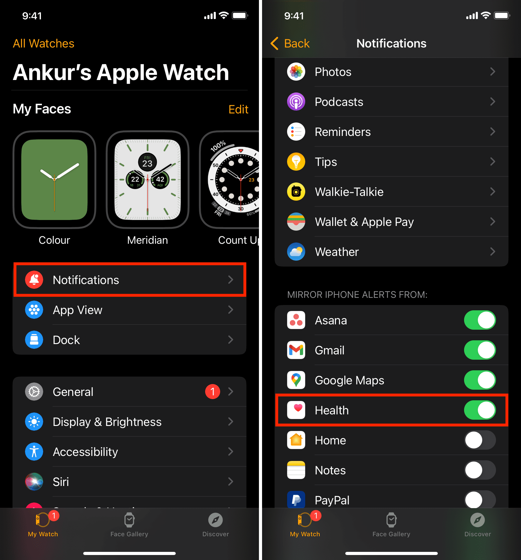 Allow Health app notification on Apple Watch