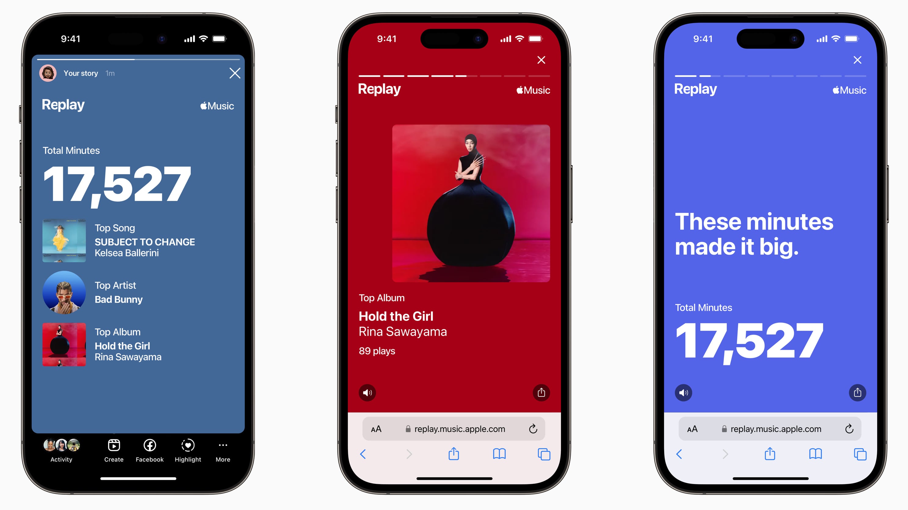 Three iPhone device screenshots showcasing Apple Music Replay: listening insights on the left, top album in the middle and total minutes on the right