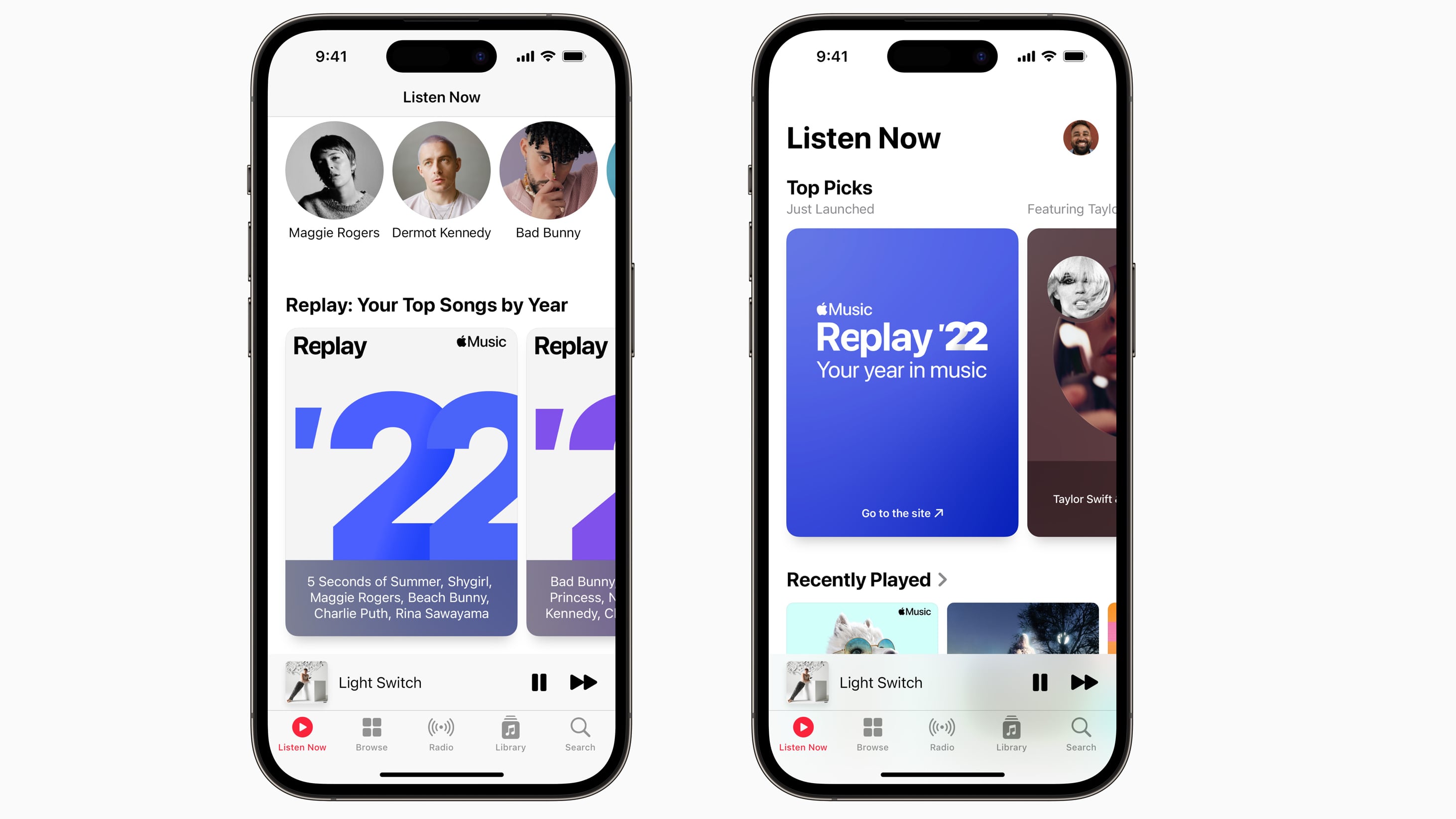 Two iPhone screenshots showcasing Apple Music Replay and the top songs for 2022 in the Music app