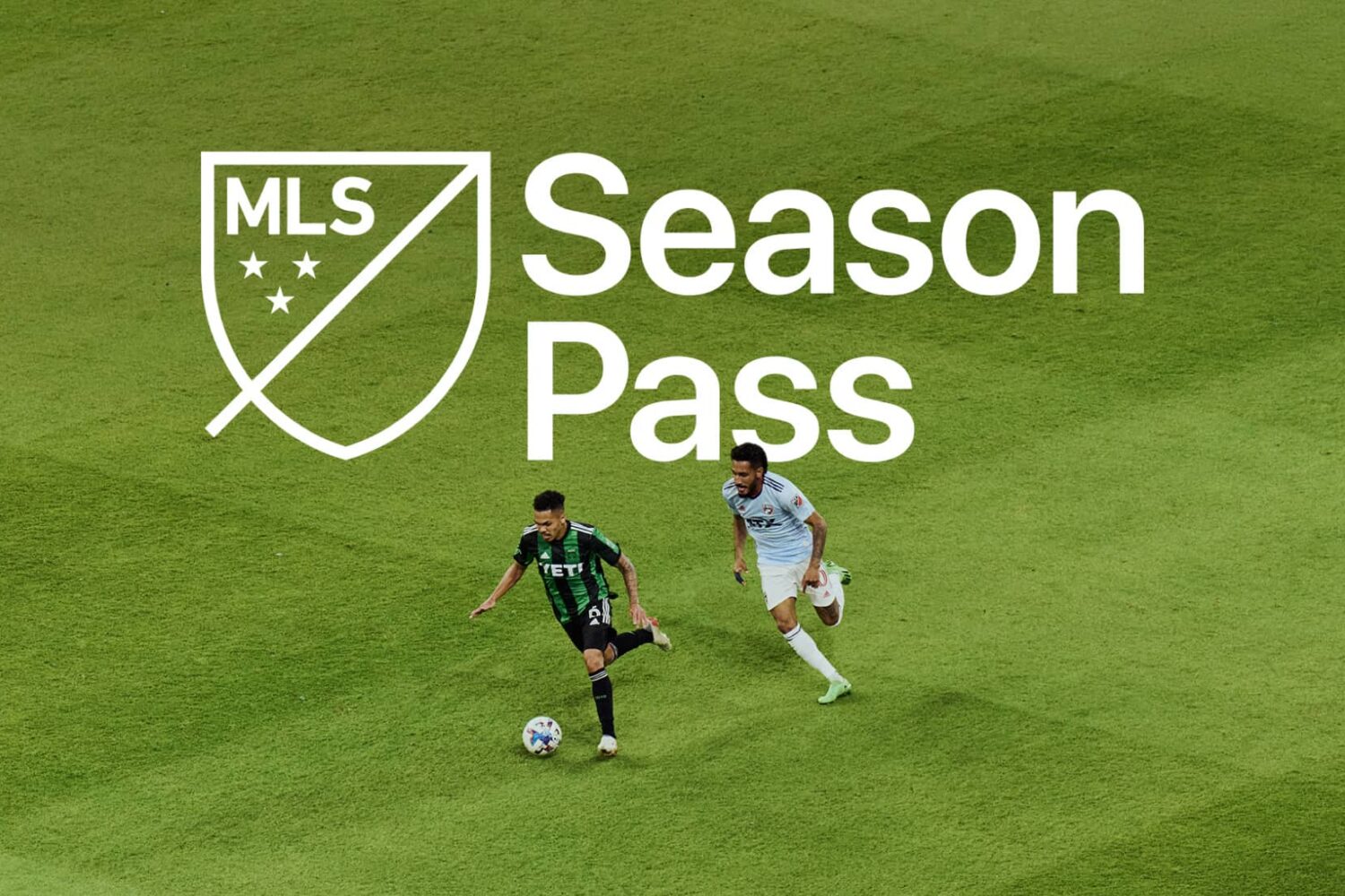 Two soccer players on a field and the "MLAS Season Pass" tagline in white