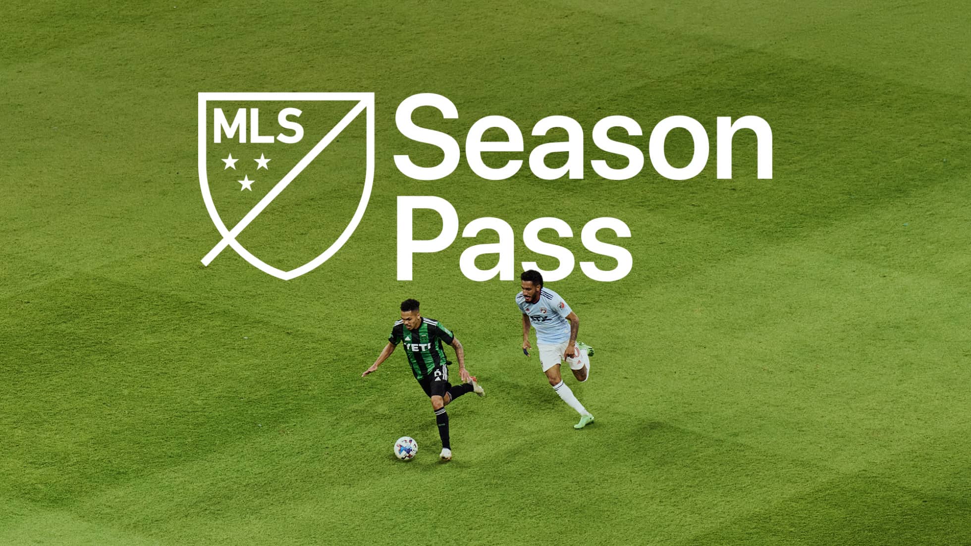 Two soccer players on a field and the "MLAS Season Pass" tagline in white