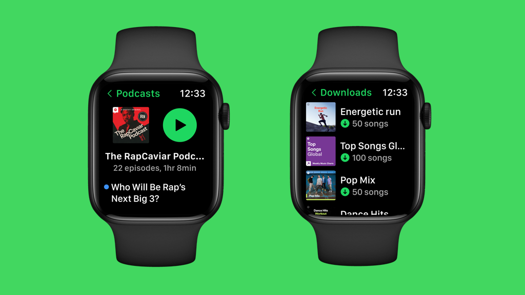 Two Apple Watch device screenshots showcasing managing offline music in the Spotify app