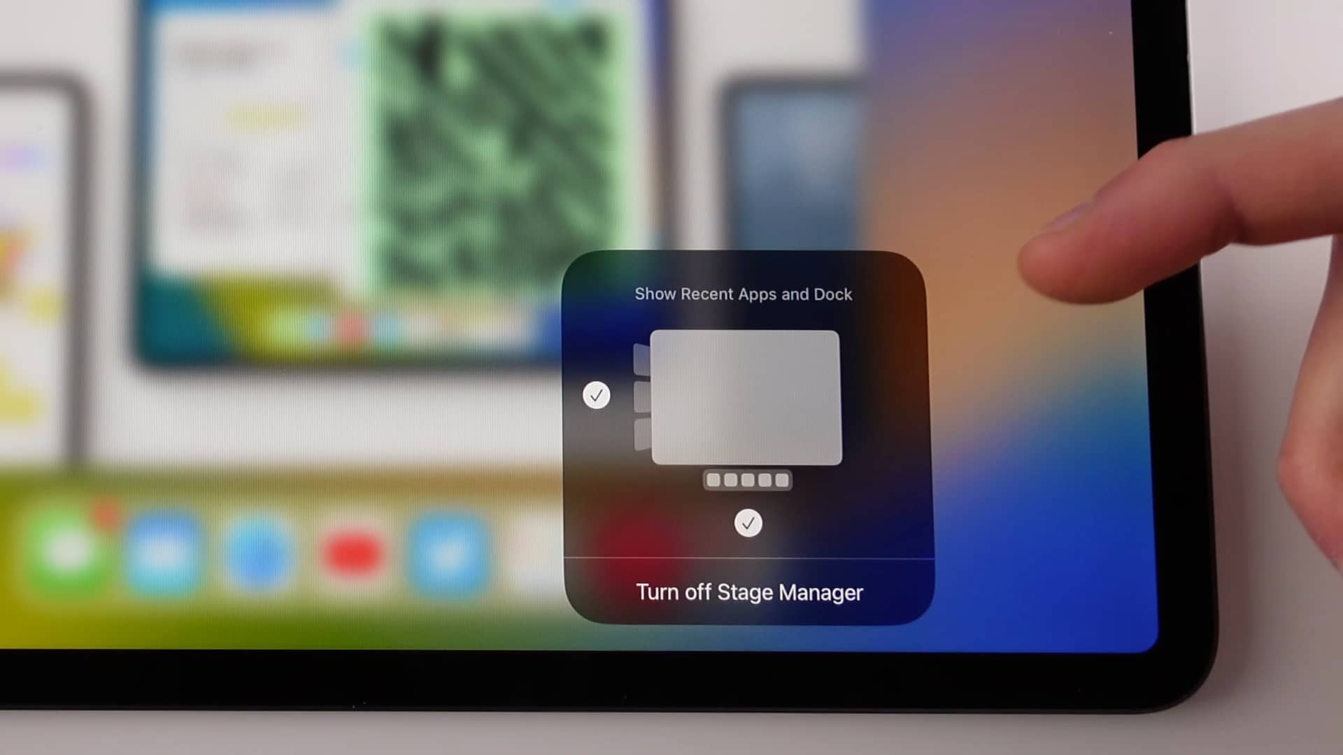 Using Control Center on iPad to hide the Dock and recent apps from Stage Manager
