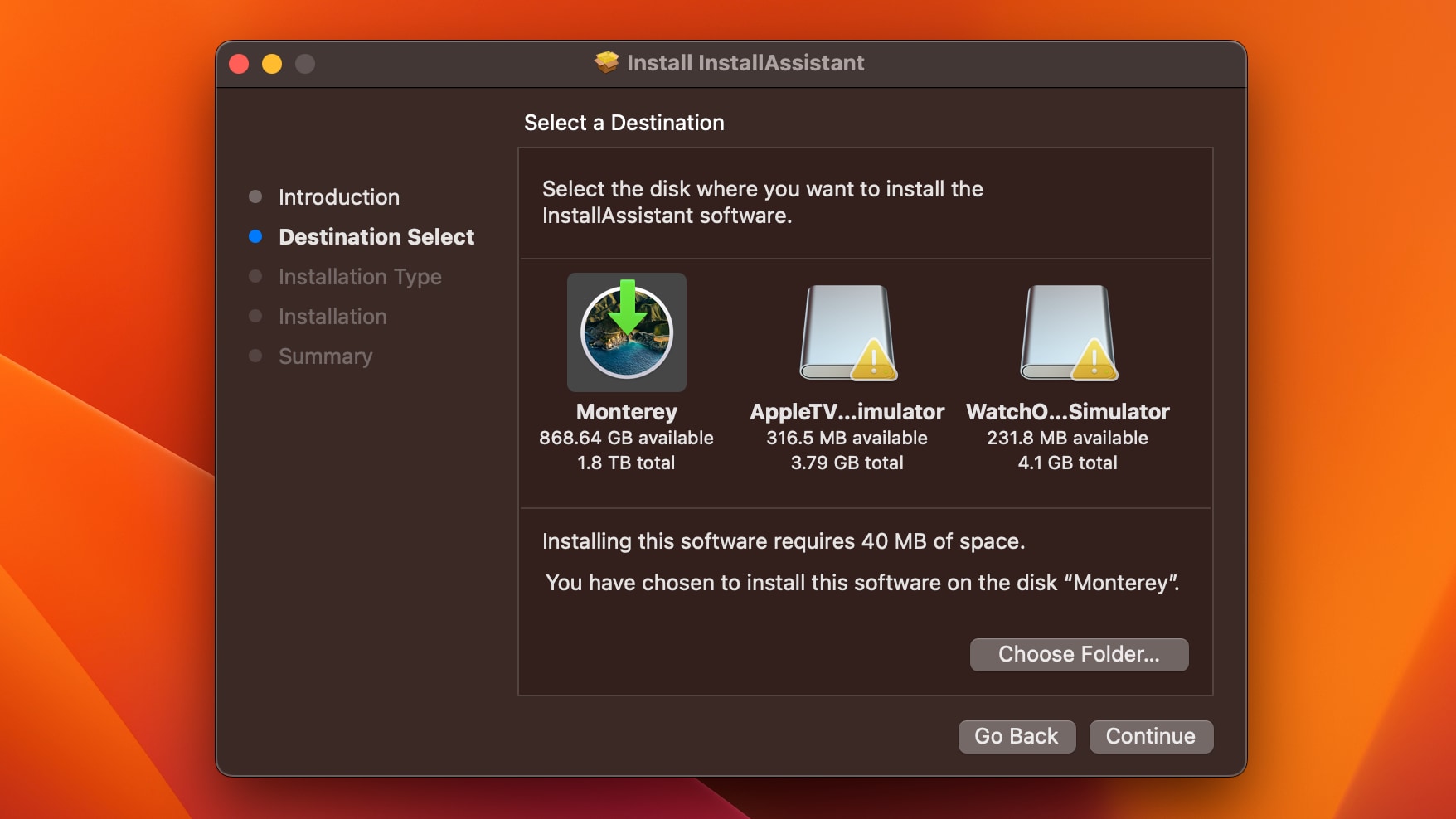 Selecting a destination folder to save Apple's install assistant for macOS Ventura