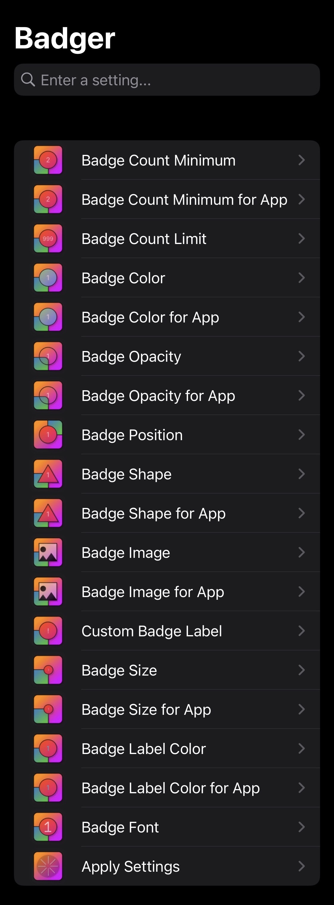 Badger's preference pane where users can configure the tweak to their liking.