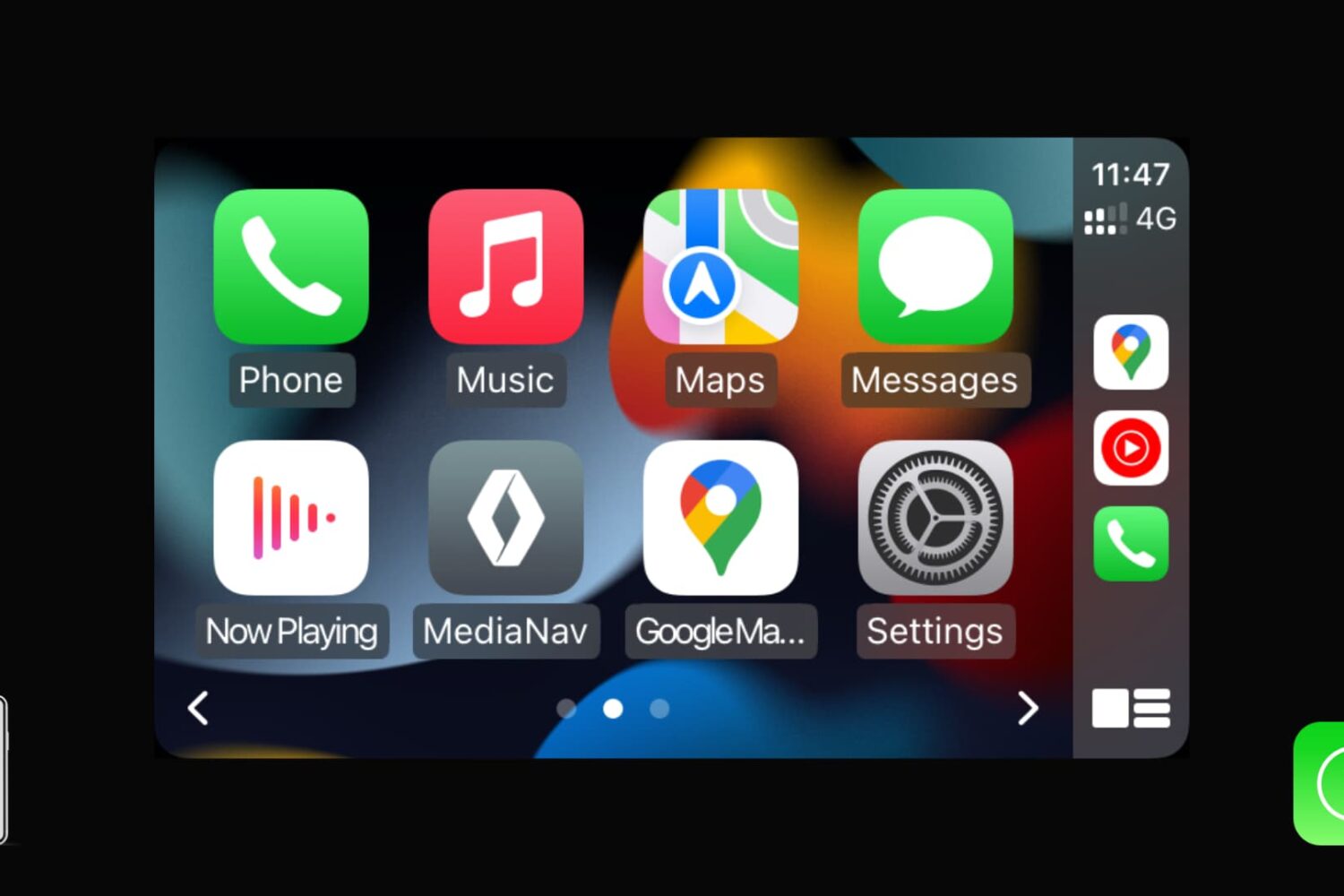 CarPlay Home Screen with eight apps and iPhone and CarPlay icons on two corners