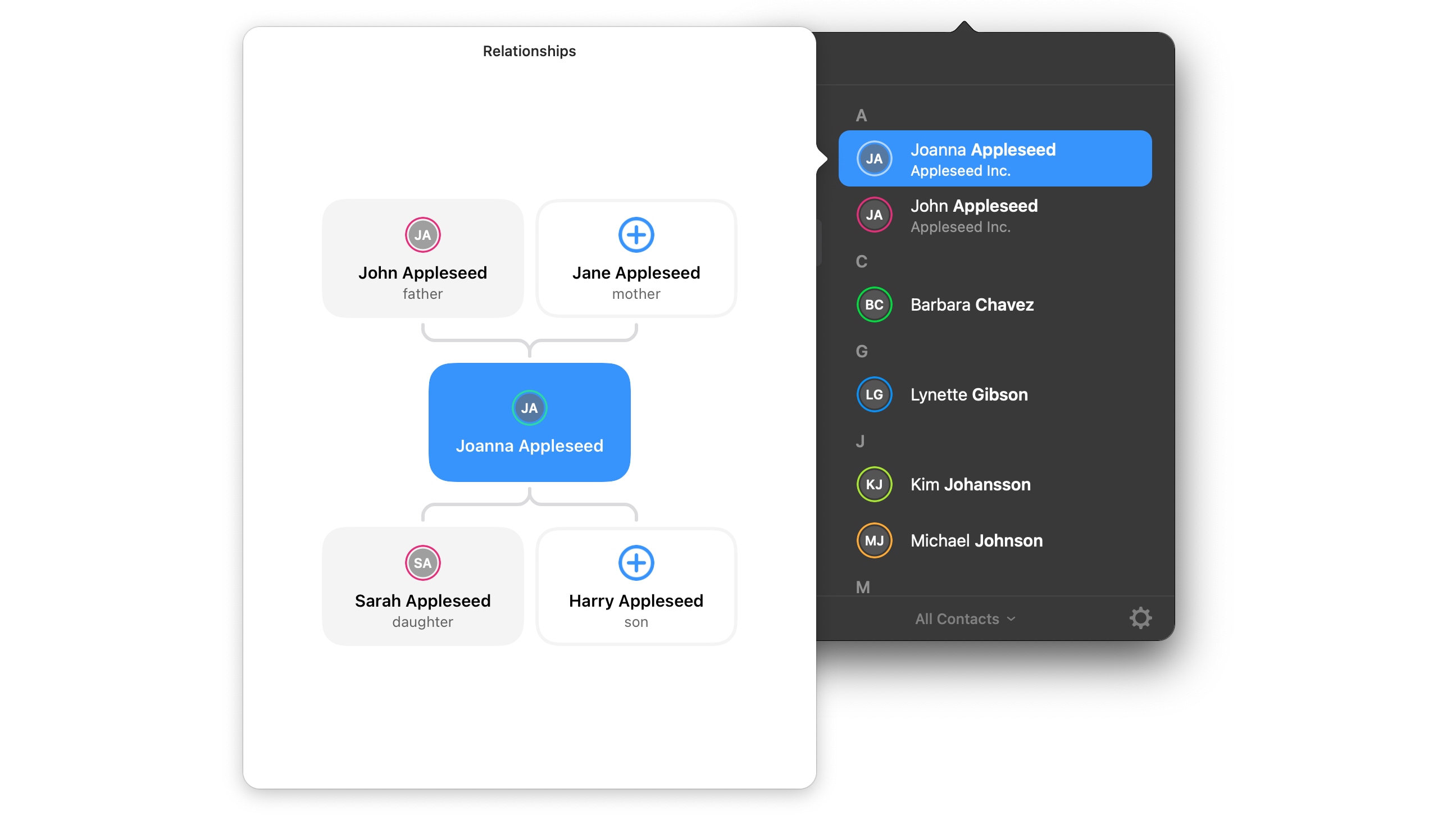 Relationships family tree in the CardHop Contacts macOS app