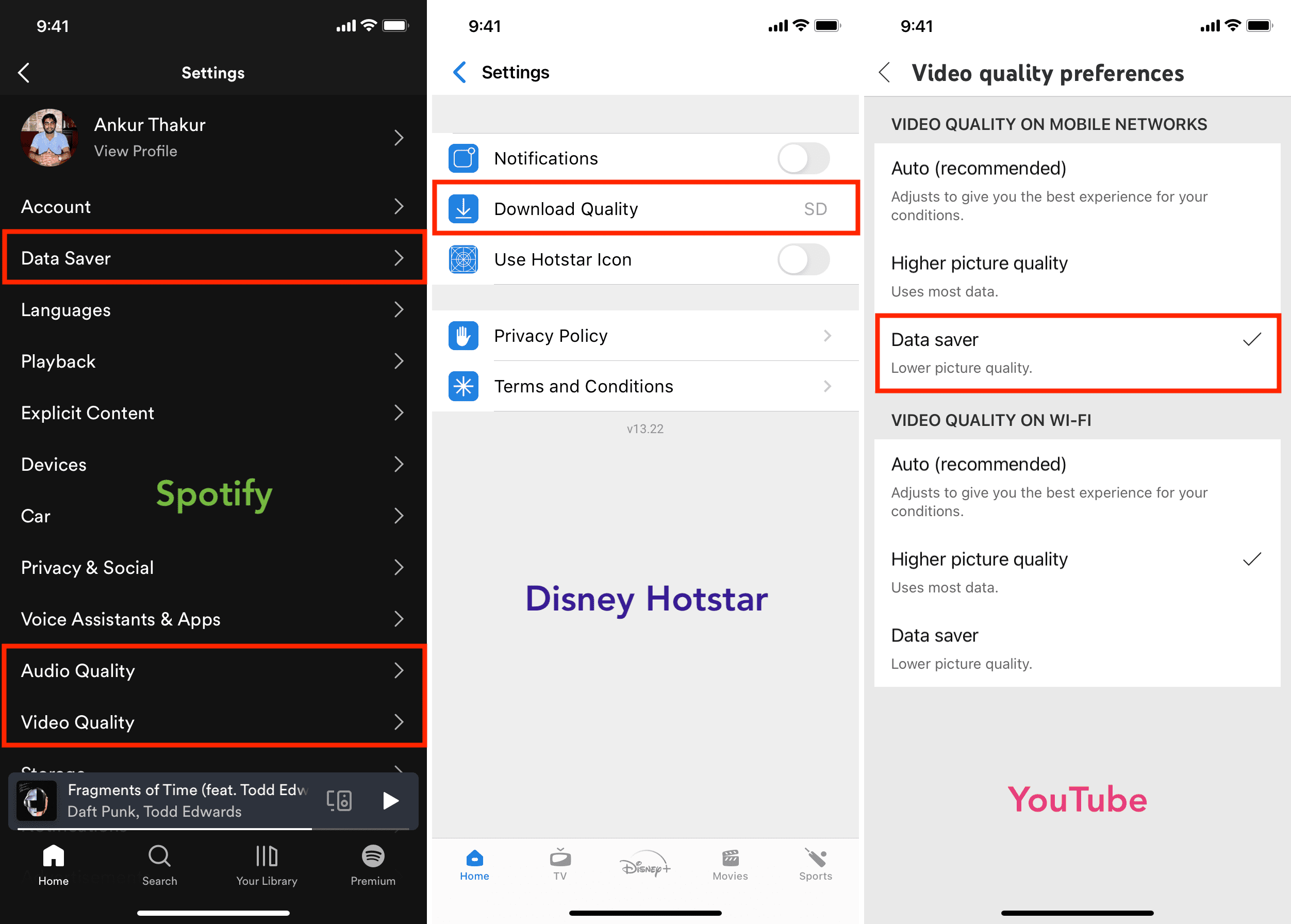 Cellular data options in streaming apps to save data