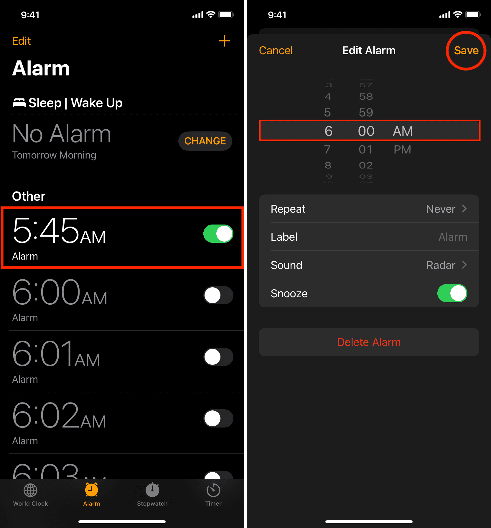 Change alarm time on iPhone