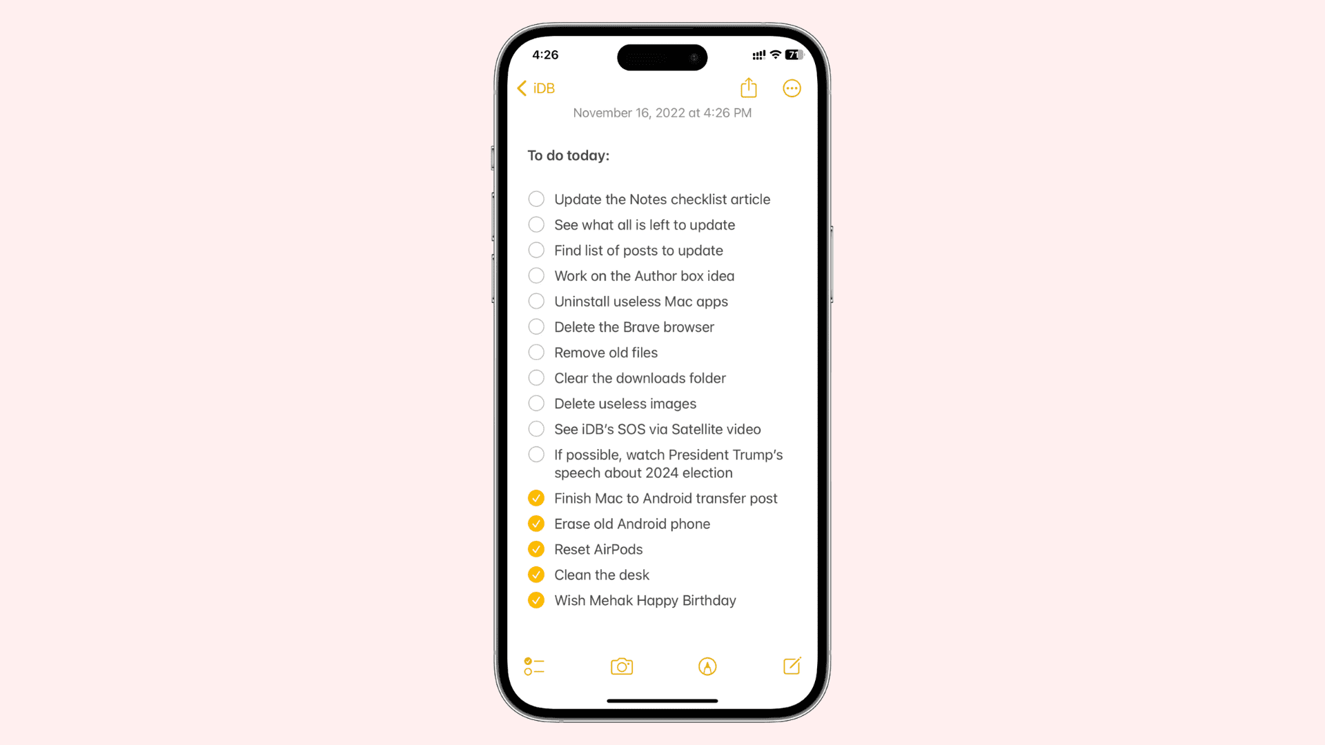 Checklists in the Notes app on iPhone