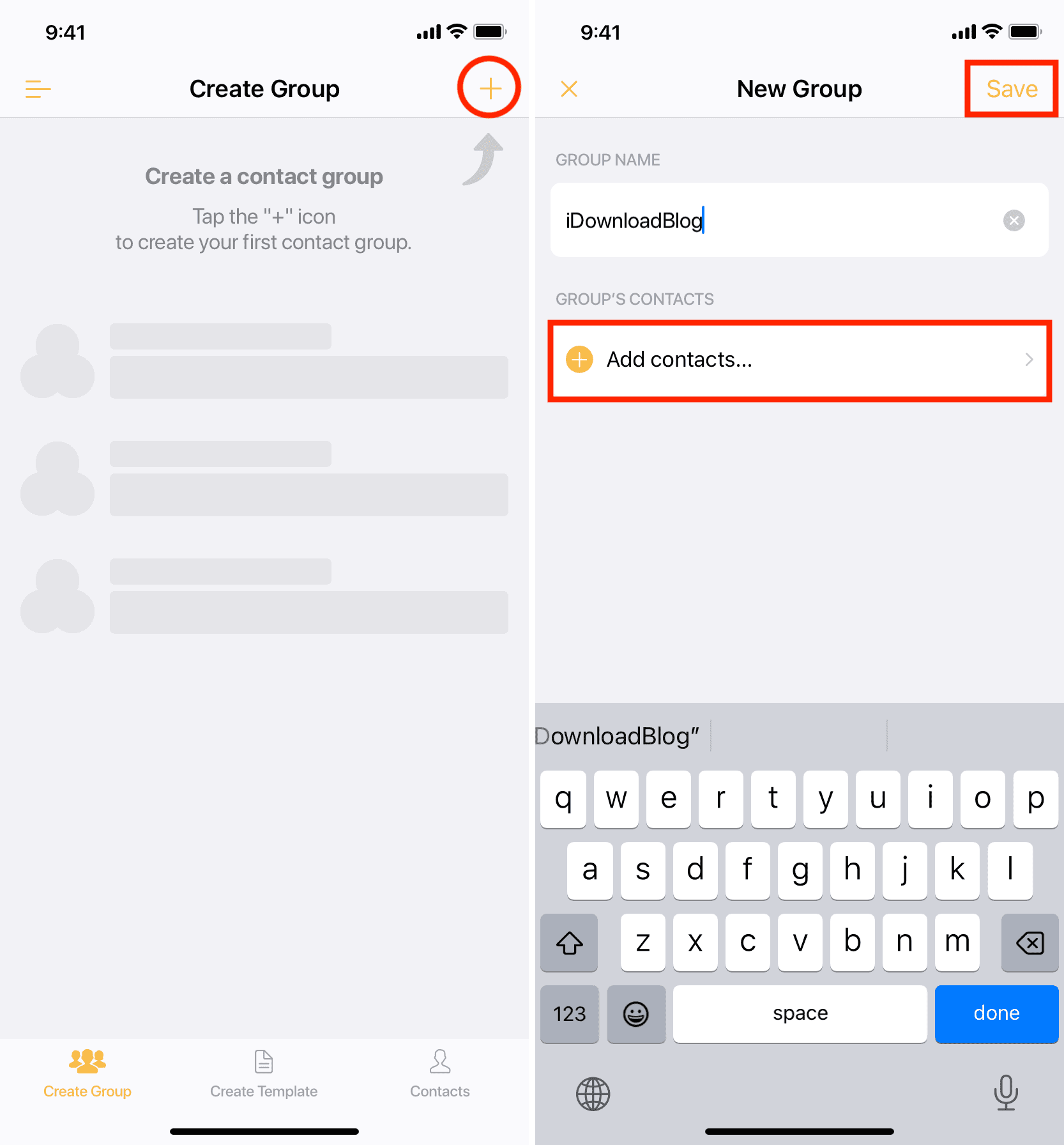 Create new contact group on iPhone