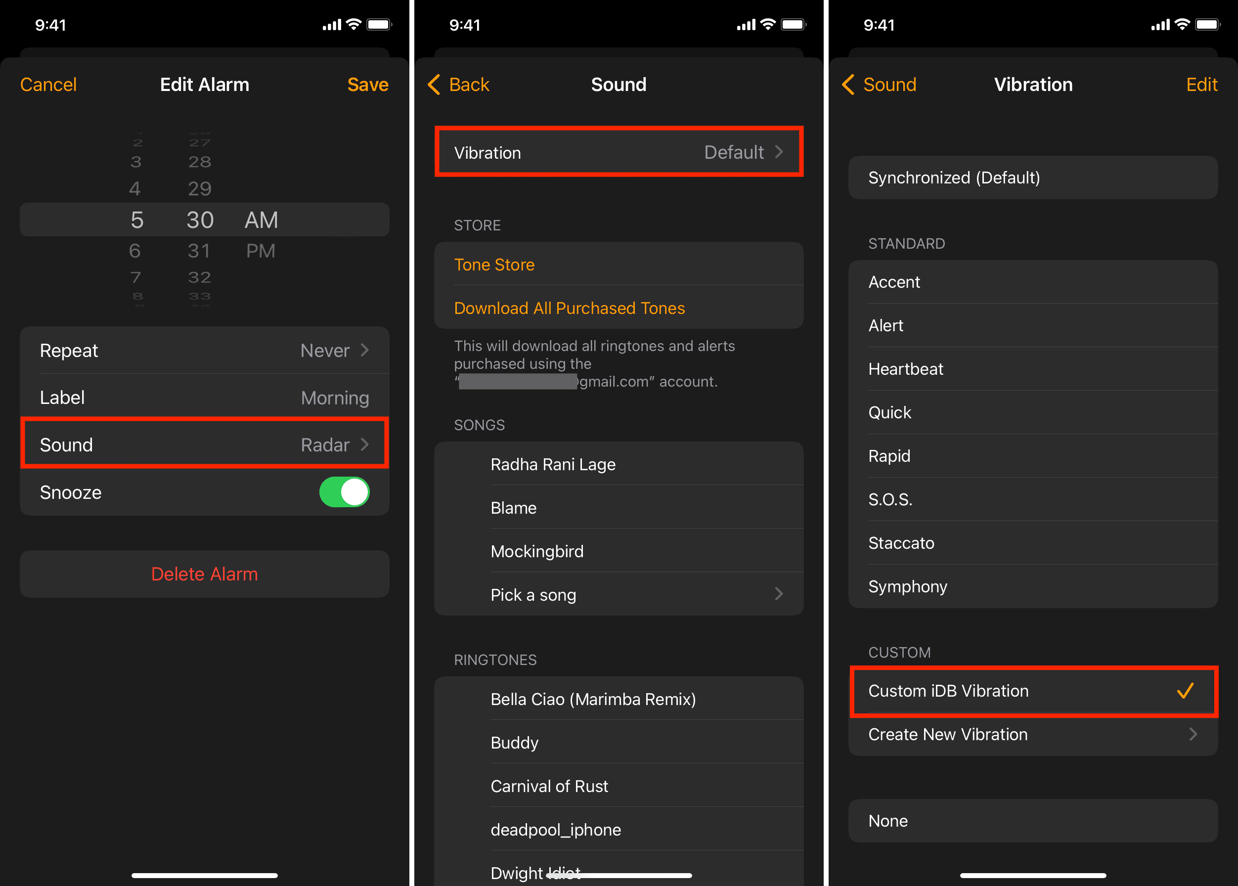Setting custom alarm vibration pattern on iPhone