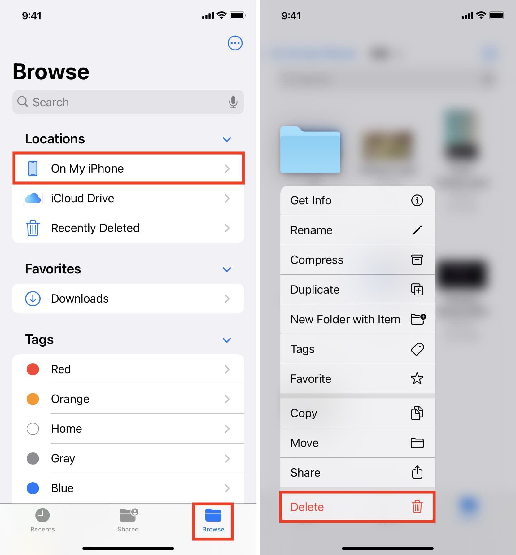 Delete files folders in iPhone Files app to free space