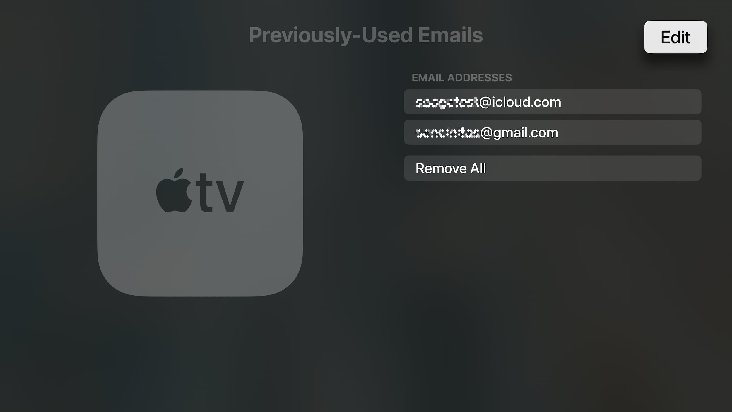 Edit previously used email on Apple TV