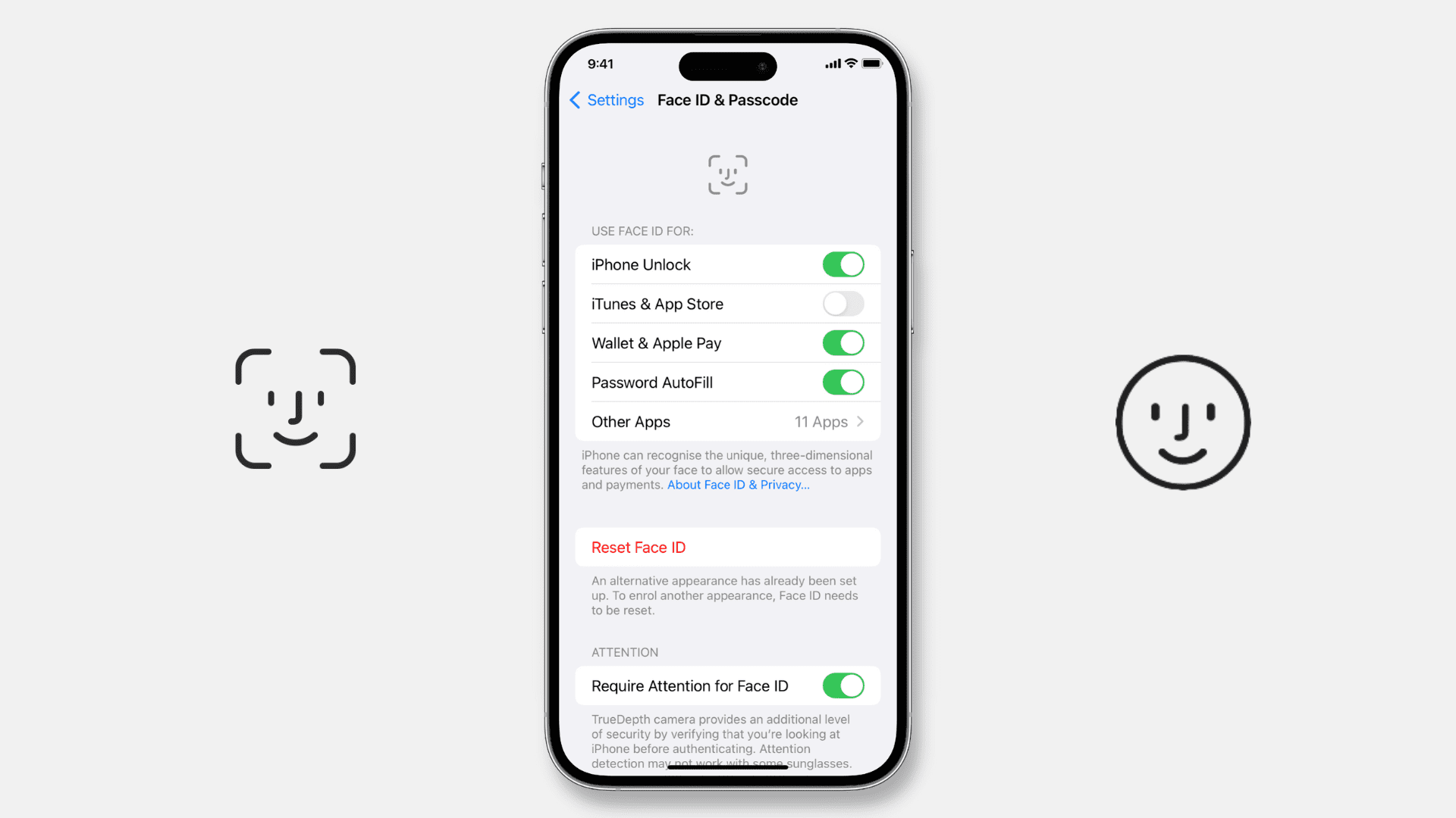 Face ID settings on iPhone with the official Face ID logo