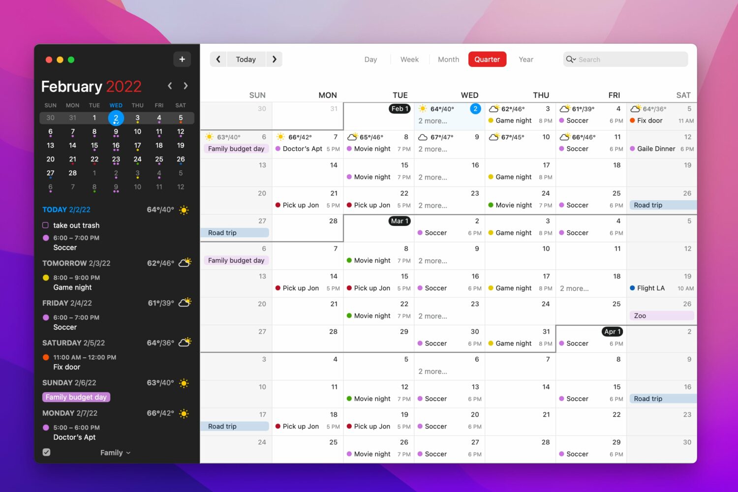 macOS Big Sur screenshot showcasing the quarter view on the calendar in the Fantastical app