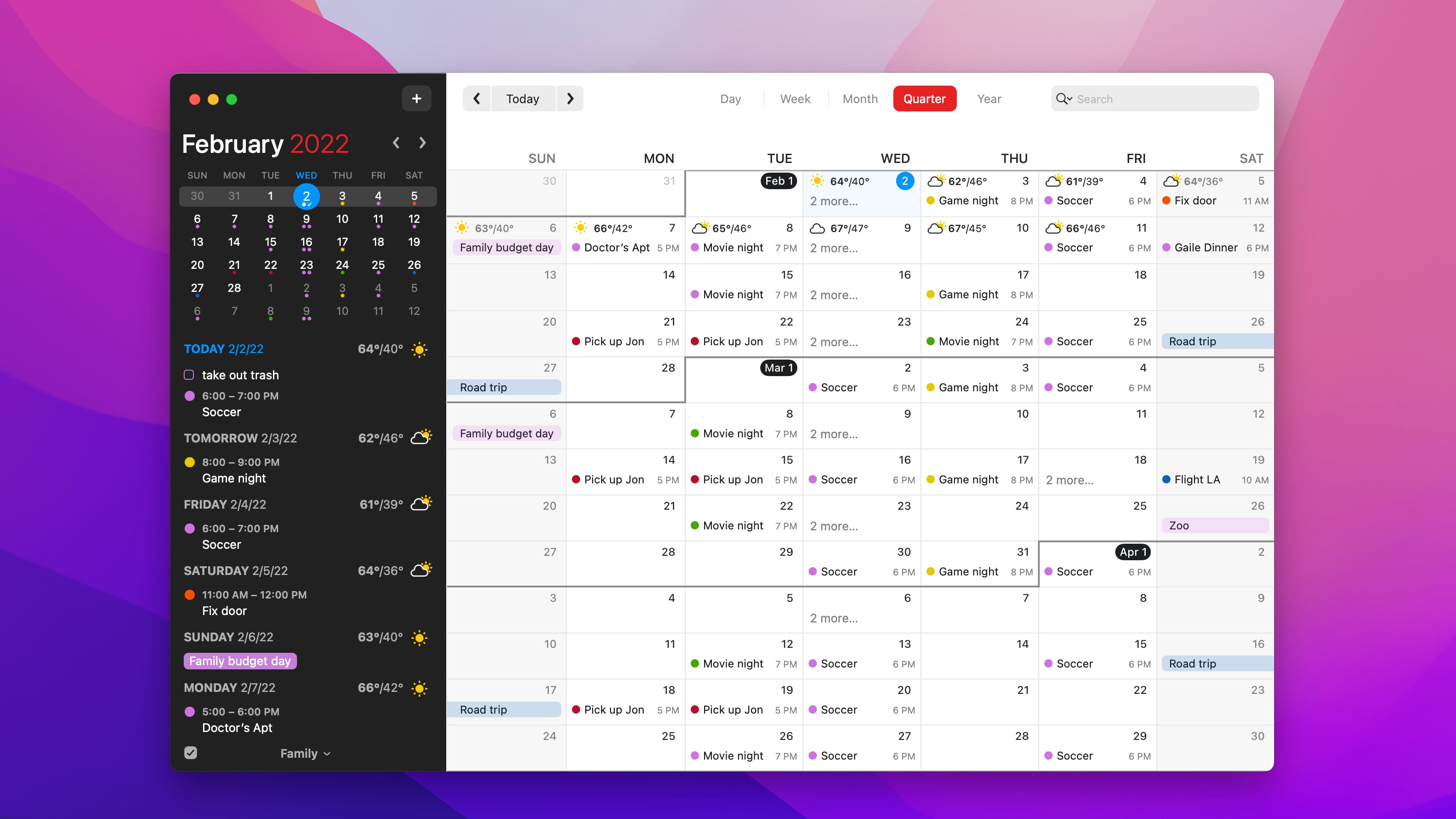 macOS Big Sur screenshot showcasing the quarter view on the calendar in the Fantastical app