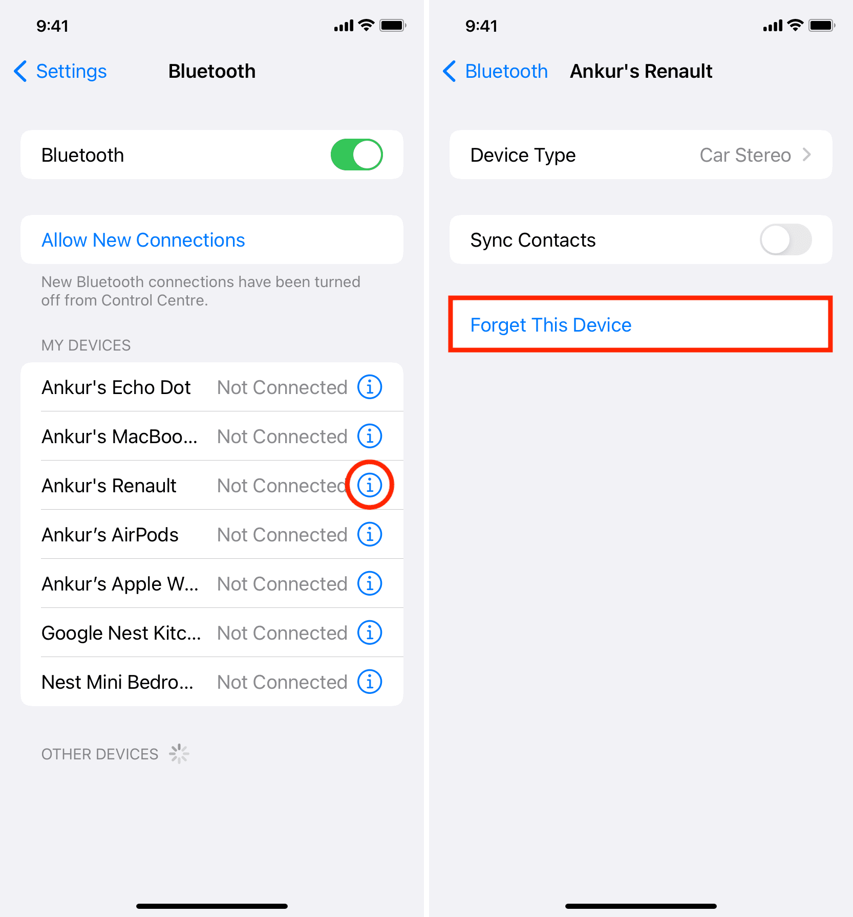 Forget car from iPhone Bluetooth Settings
