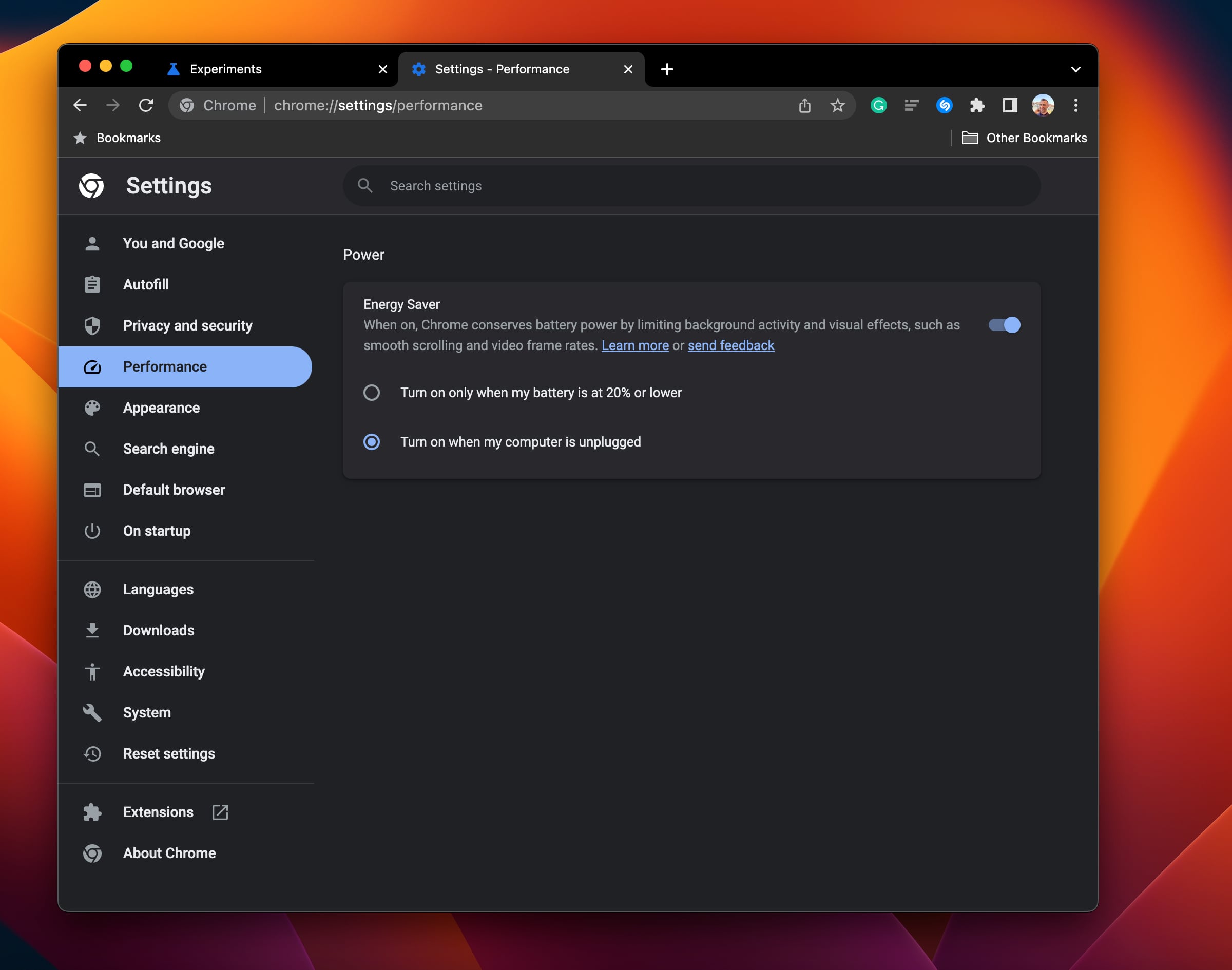 The Performance section of the Google Chrome settings on macOS showcasing two Energy Saver options